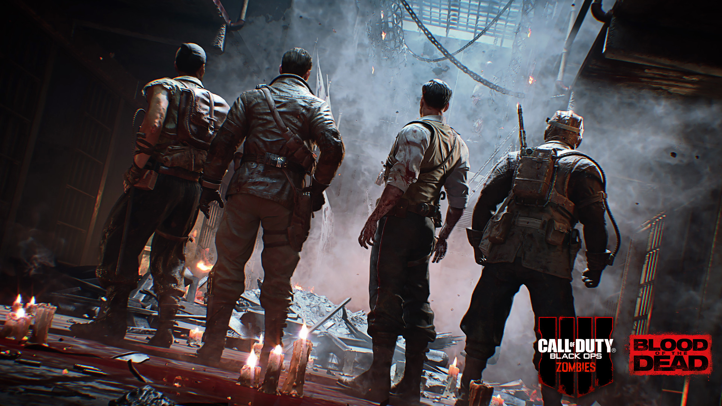Vier personages in een donkere kamer met vlammen, Call of Duty: Black Ops Zombies logo.