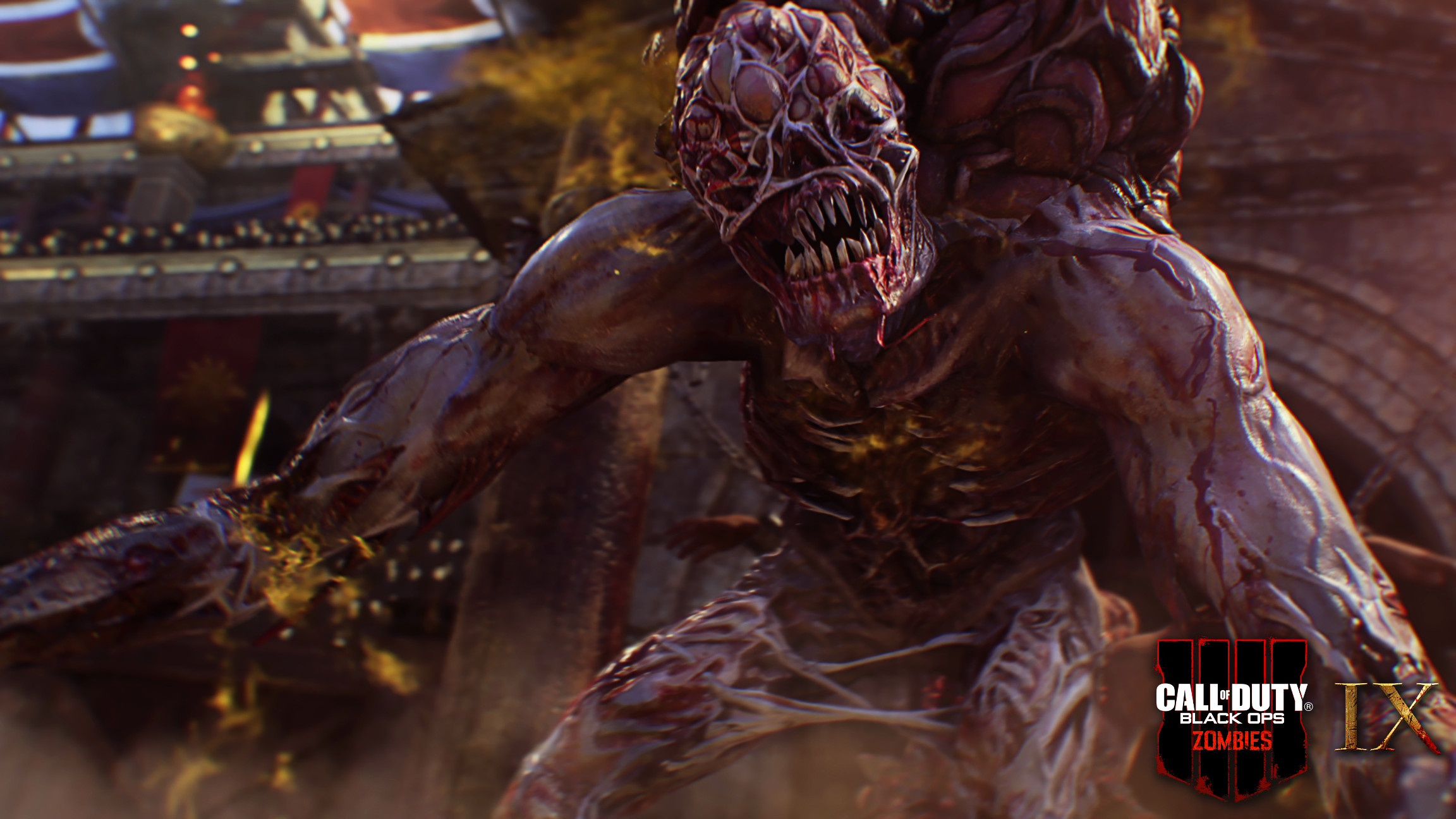 Een grotesk monster uit een videogame. Het heeft een misvormd gezicht, open mond en klauwhanden.