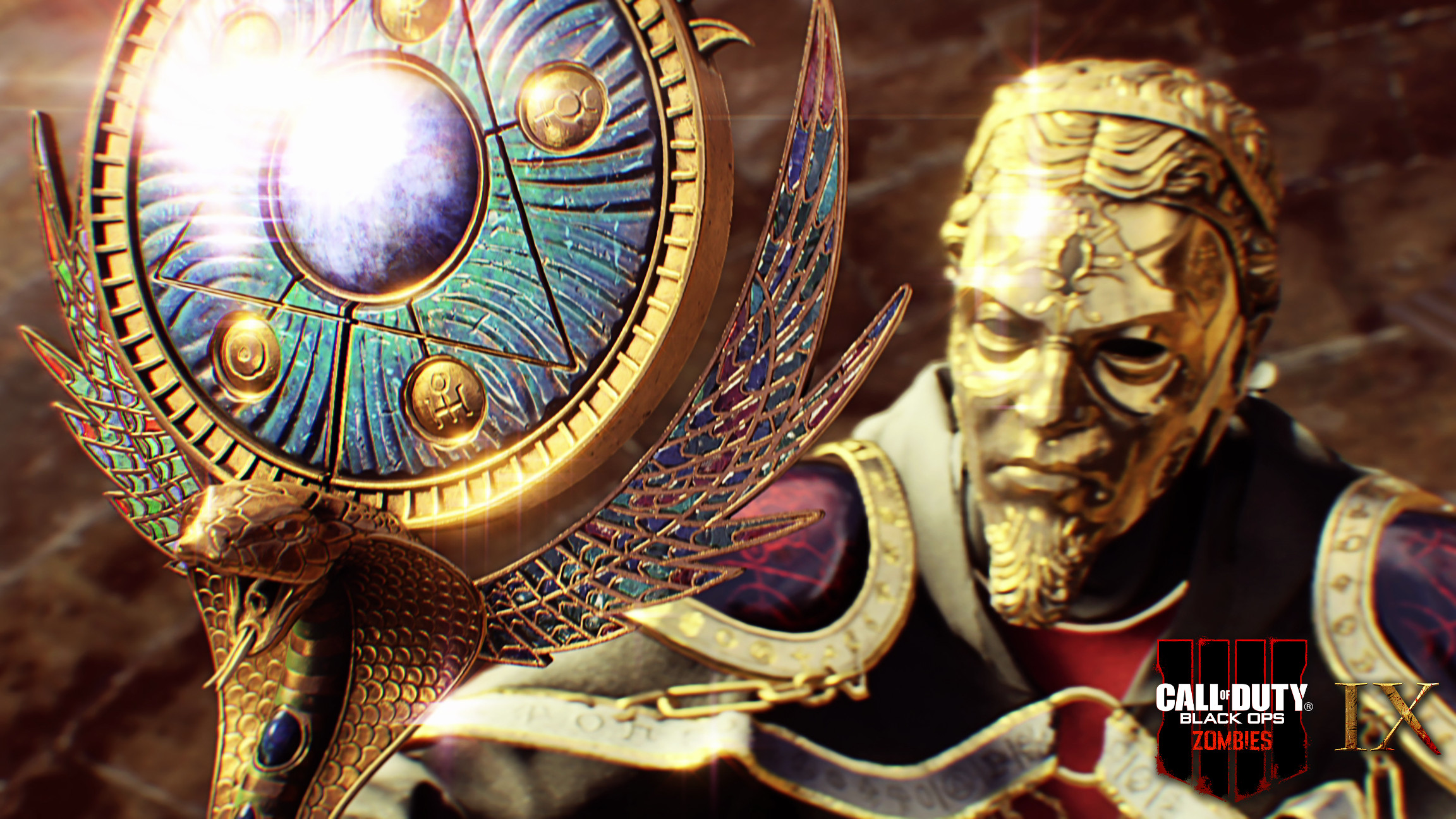 Close-up van een gouden masker en schild uit 'Call of Duty: Black Ops 4'.