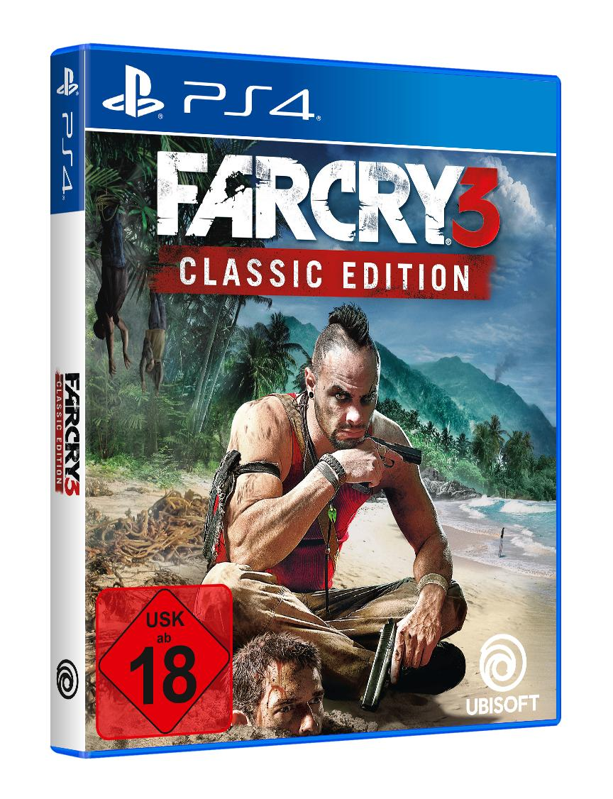 Far Cry 3 Classic Edition Spielhülle. Das Cover zeigt einen Mann mit Tätowierungen, der eine Waffe hält.