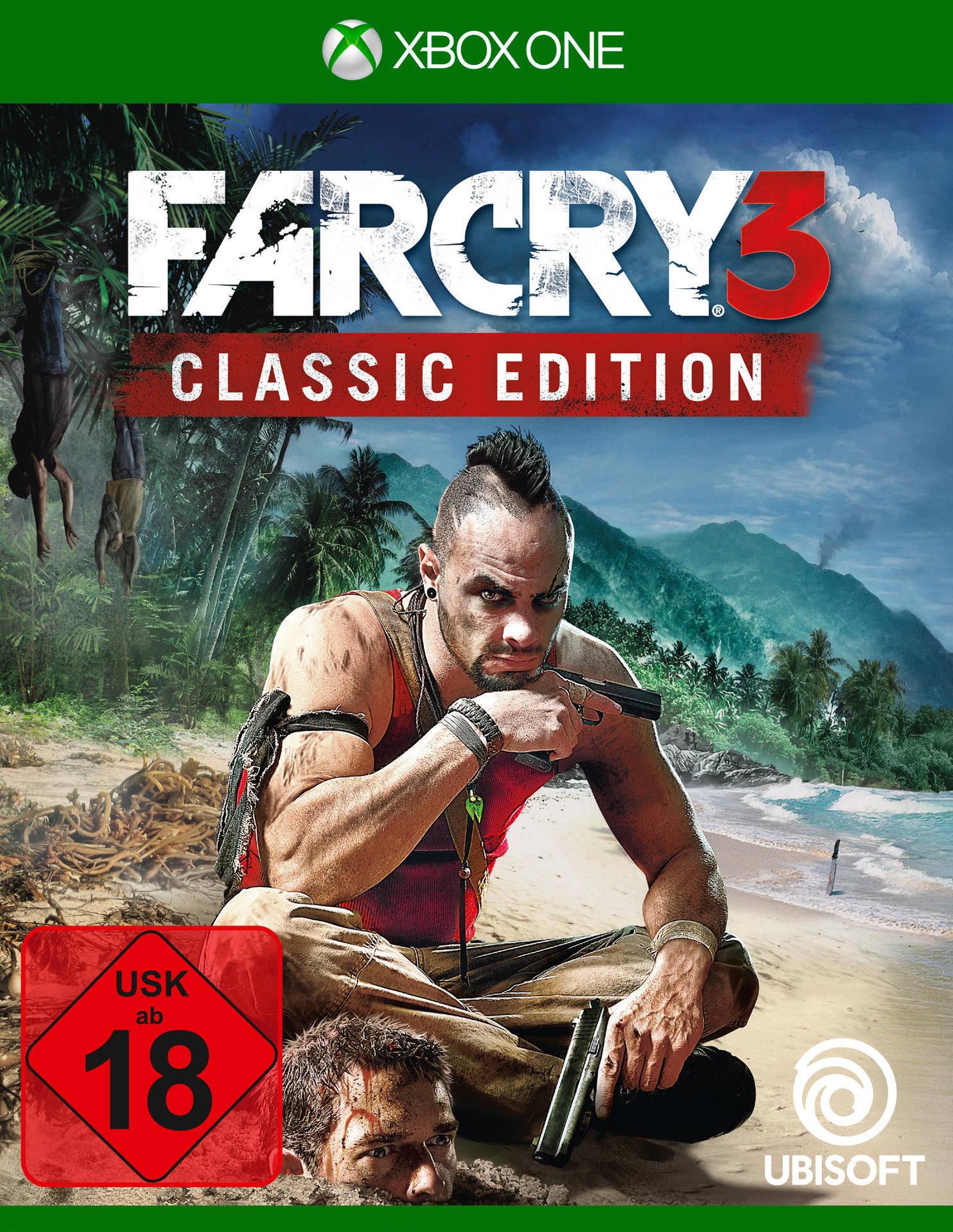 Far Cry 3: Classic Edition-Spielcover. Mann mit Irokesenschnitt und Waffe steht am Strand. Blut und Dschungel im Hintergrund.