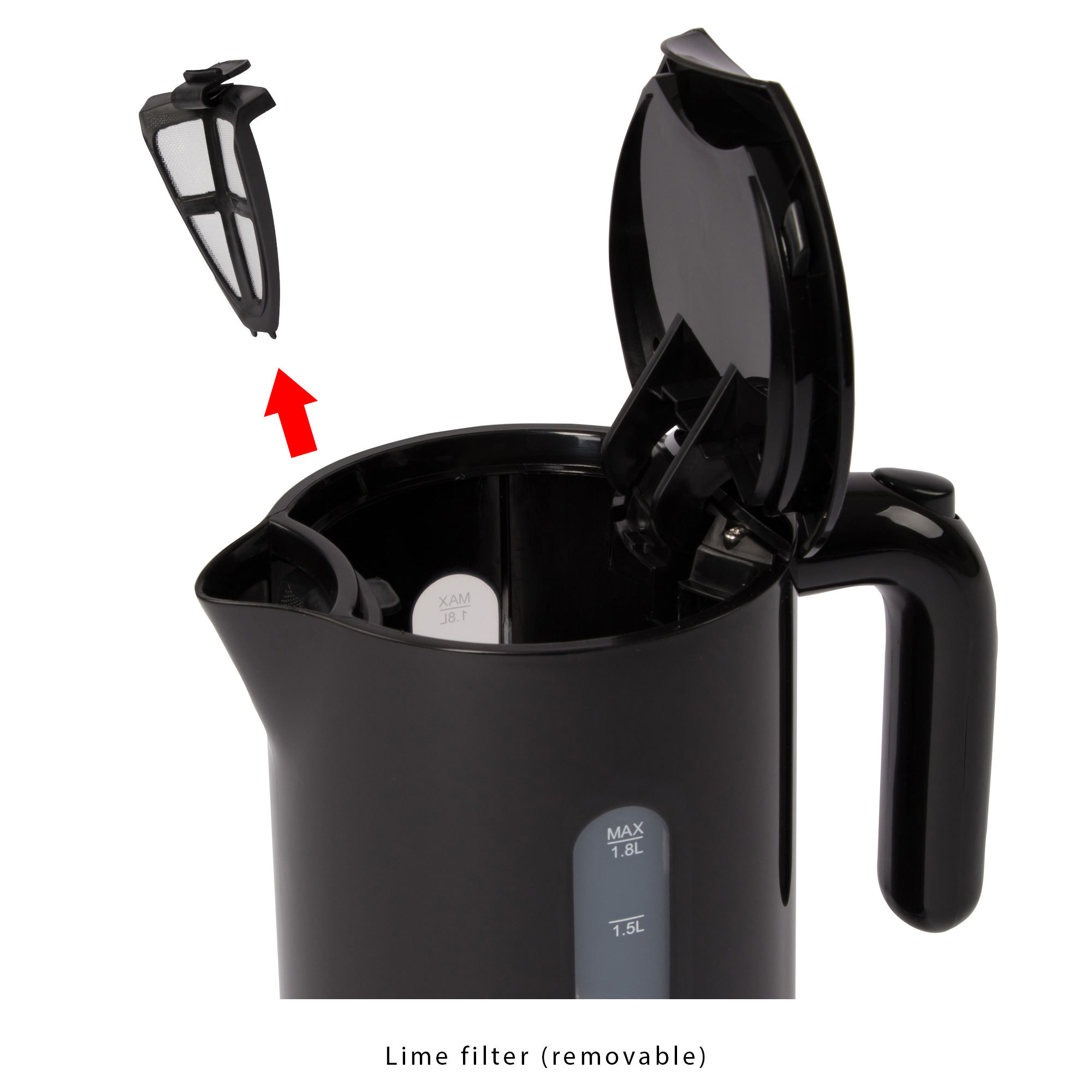 Schwarzer Wasserkocher mit offenem Deckel, herausnehmbarem Kalkfilter und Wasserstandsanzeigen.