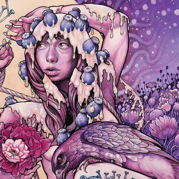 Eine surreale Illustration einer Frau mit floralem Kopfschmuck, umgeben von floralen Elementen und einem Vogel.