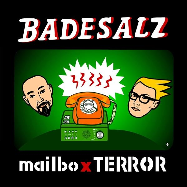 Cartoon mit Telefon, zwei Gesichtern und dem Text 'Badesalz mailbox TERROR' auf grünem Hintergrund.
