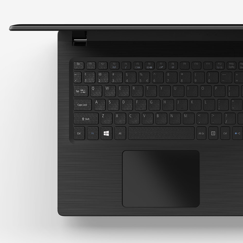 Nahaufnahme einer schwarzen Laptop-Tastatur. Die Tasten sind schwarz mit weißen Buchstaben und Symbolen. Das Touchpad befindet sich unter der Tastatur.