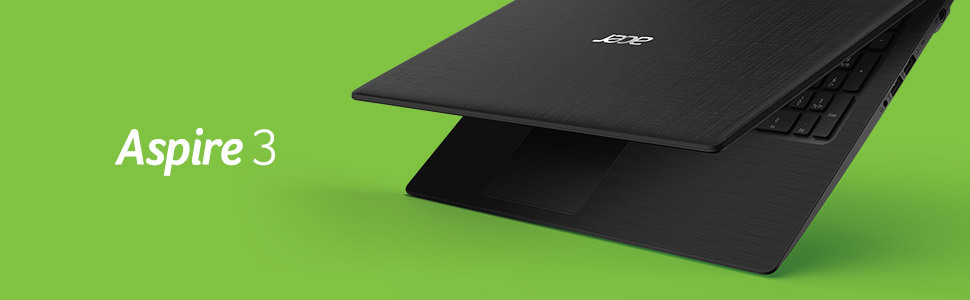 Schwarzer Laptop, leicht geöffnet, auf grünem Hintergrund. Der Text "Aspire 3" steht links.