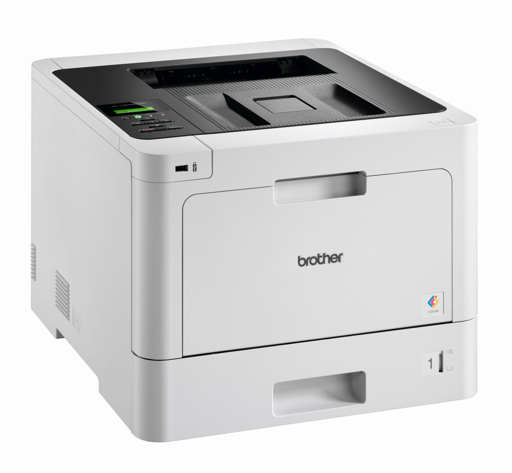 Weißer Brother-Drucker mit schwarzem Oberteil und Brother-Logo vorne.