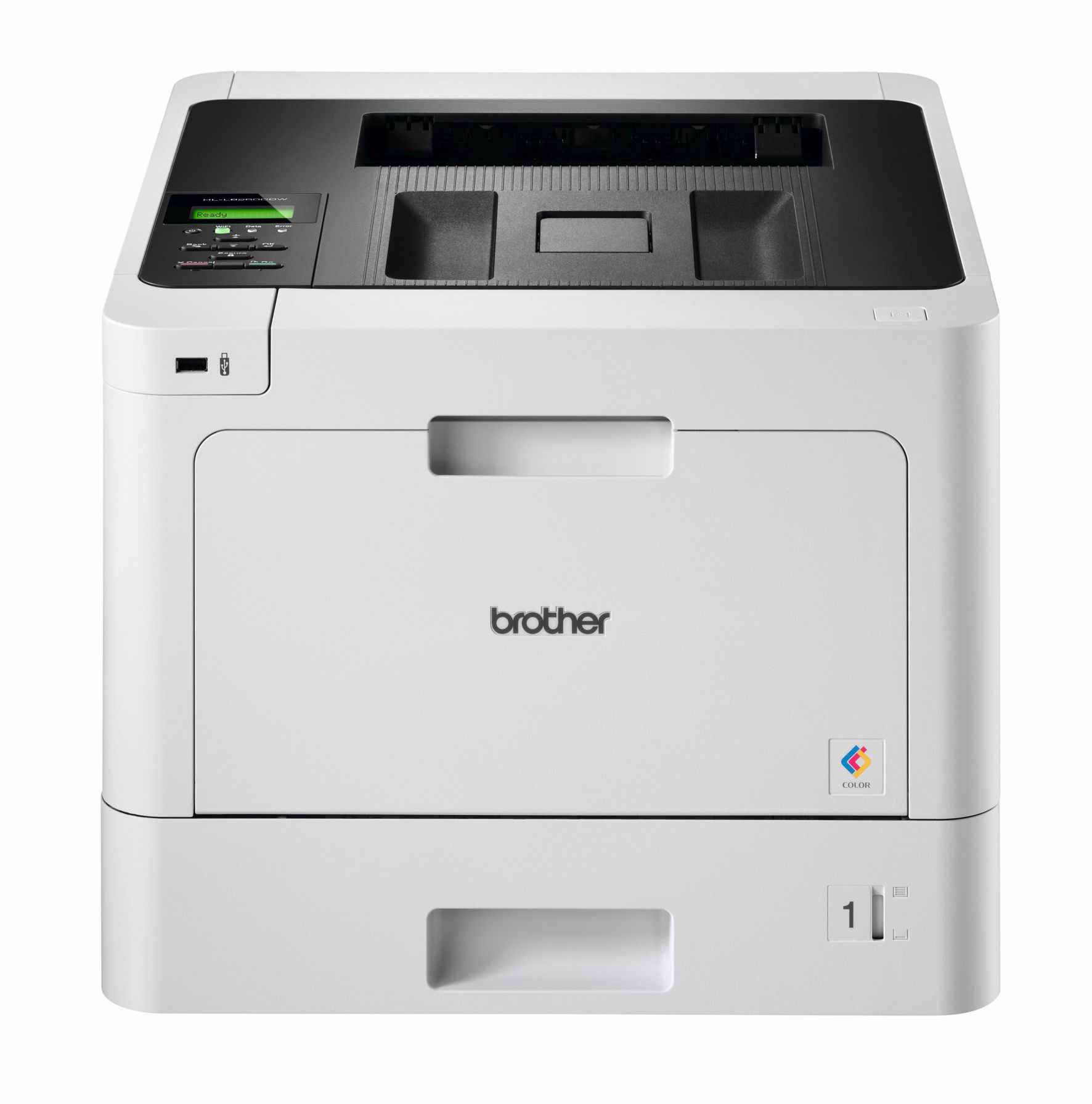 Ein weißer Brother-Drucker, von vorne betrachtet, mit dem Brother-Logo und einem Farbetikett.