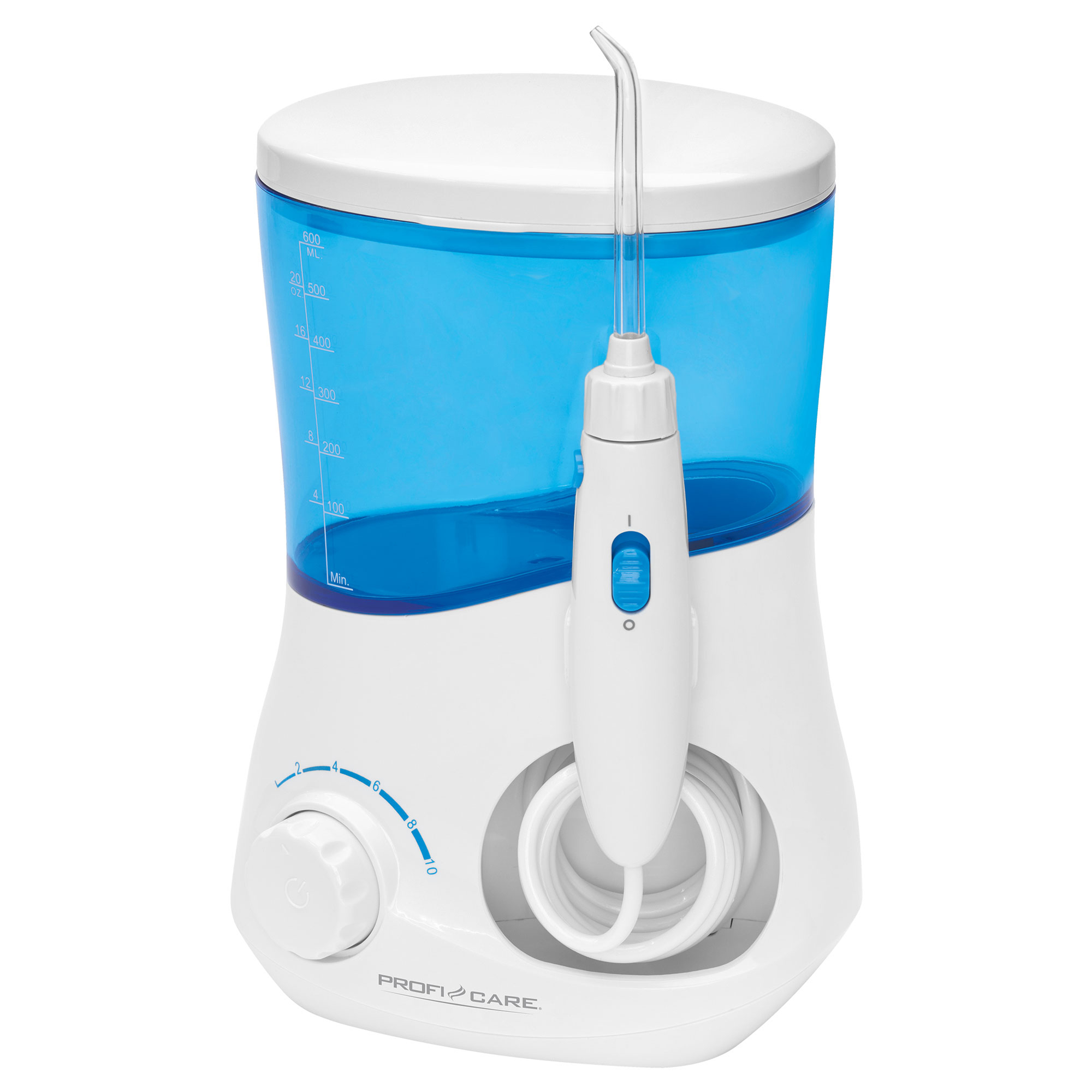 Ein weiß-blauer Wasserflosser mit Düse und Drehregler zur Druckeinstellung.
