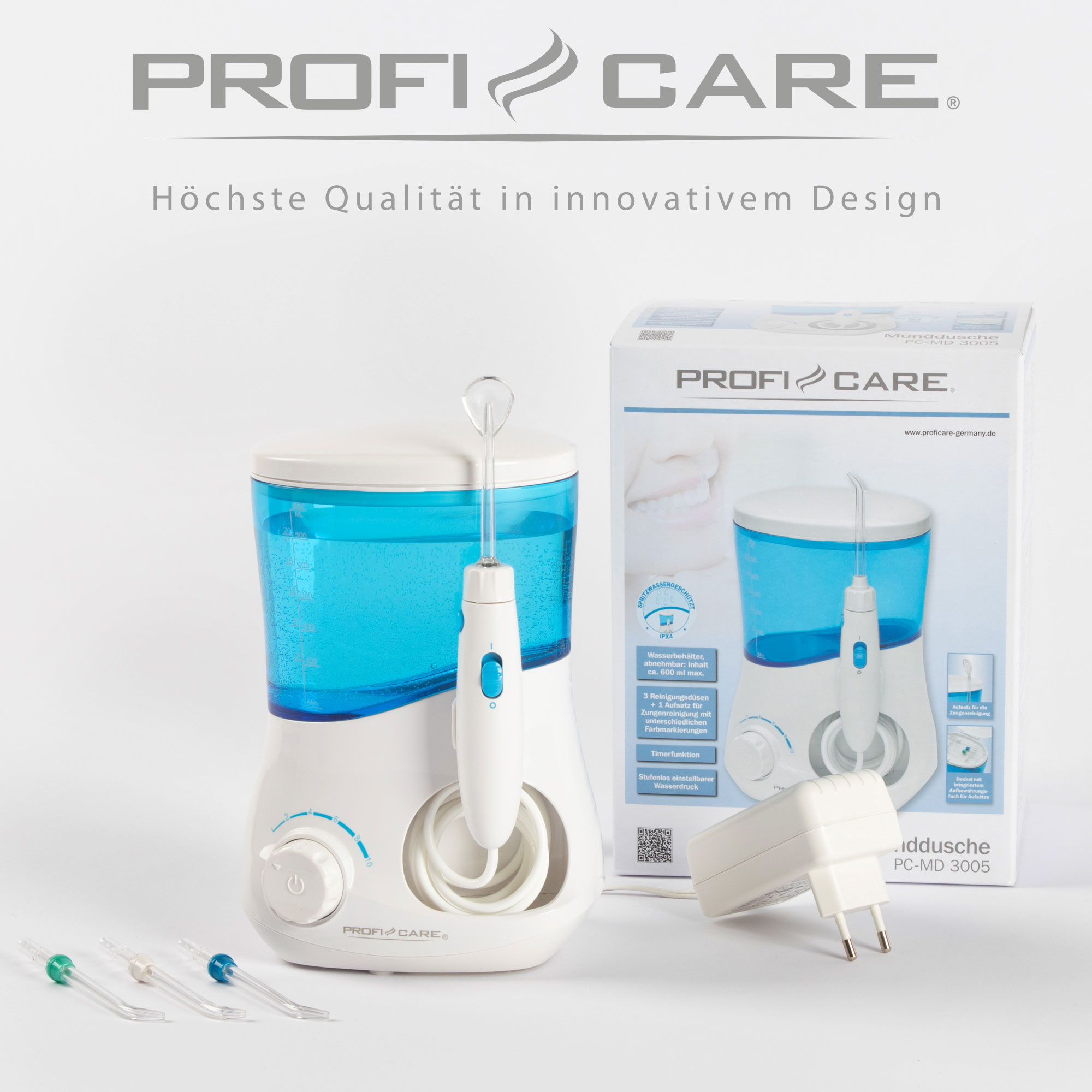 Ein Wasserflosser, eine Box und Zubehör werden vor weißem Hintergrund angezeigt.