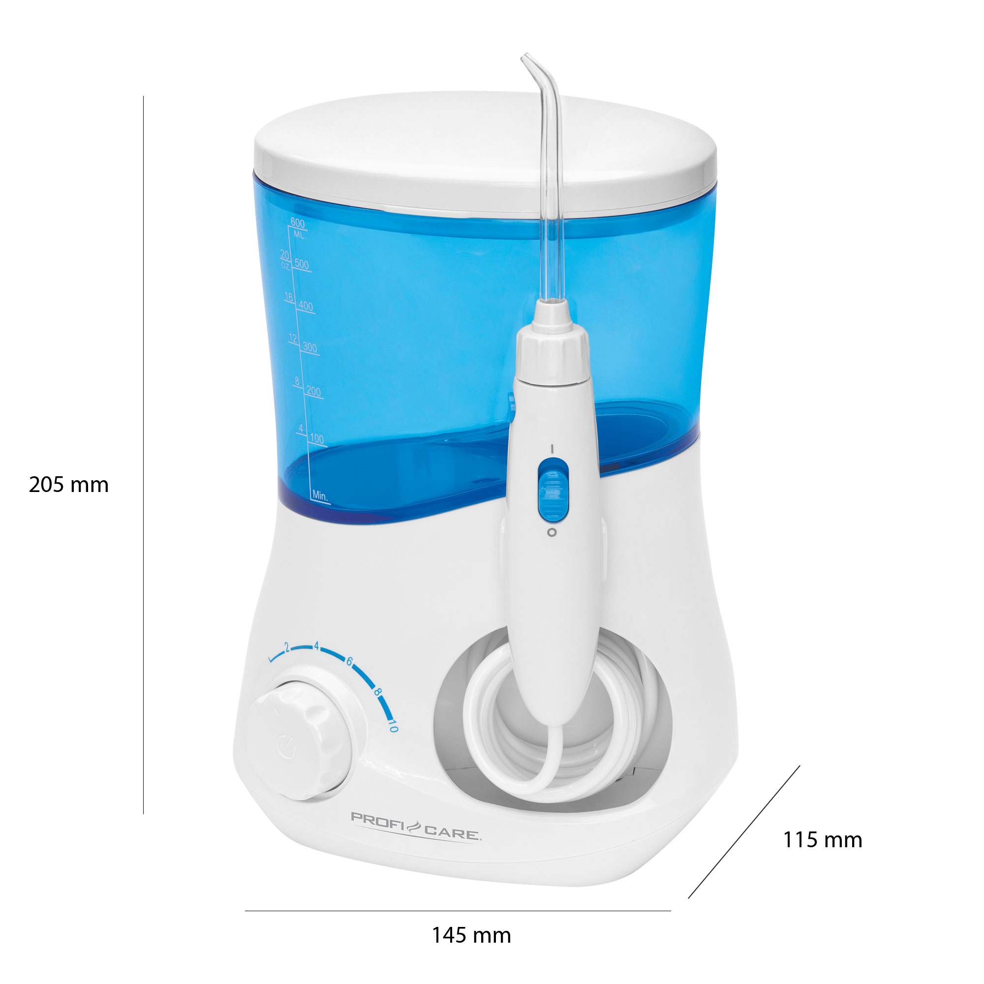 Weiß-blauer Wasserflosser mit Abmessungen. Er hat einen Behälter, einen Griff und eine Spitze.