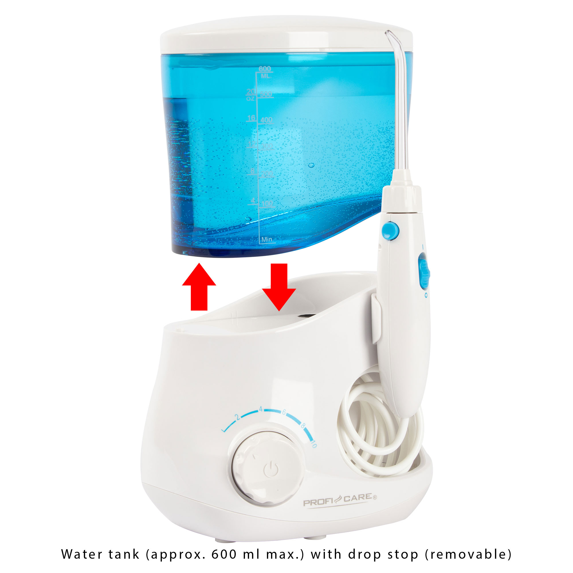 Weiß-blaue Munddusche, Wassertank abgenommen, Pfeile zeigen Montage.