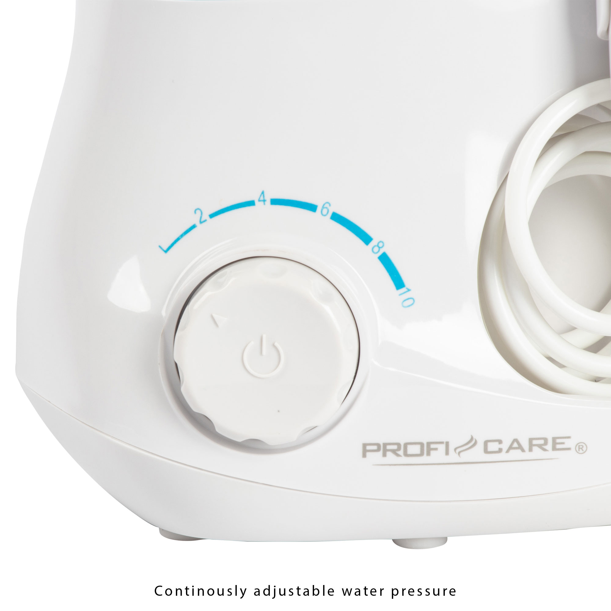 Weißes Gerät mit Drehknopf und Zahlen, mit dem Text: Profi Care.