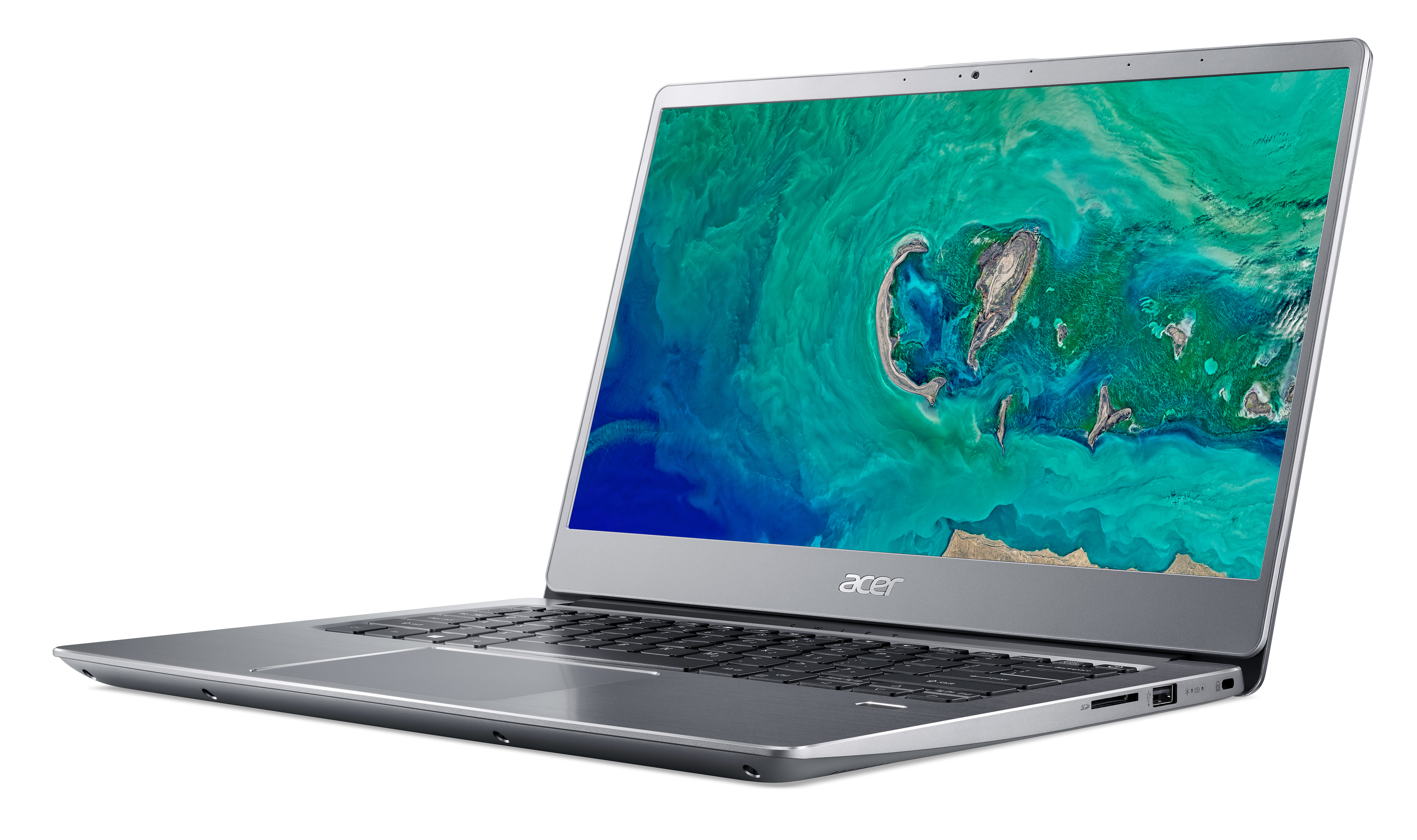 Silberner Laptop mit einem Bildschirm, der ein grünes und blaues abstraktes Design zeigt. Der Laptop ist geöffnet und auf weißem Hintergrund.