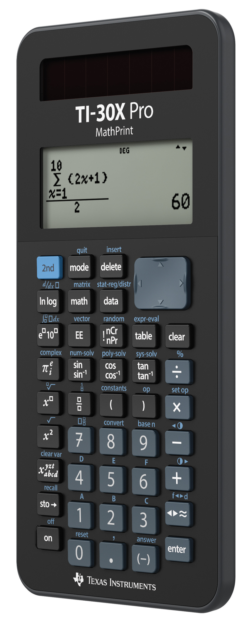 Schwarzer wissenschaftlicher Taschenrechner mit einem Bildschirm, der eine mathematische Gleichung anzeigt.