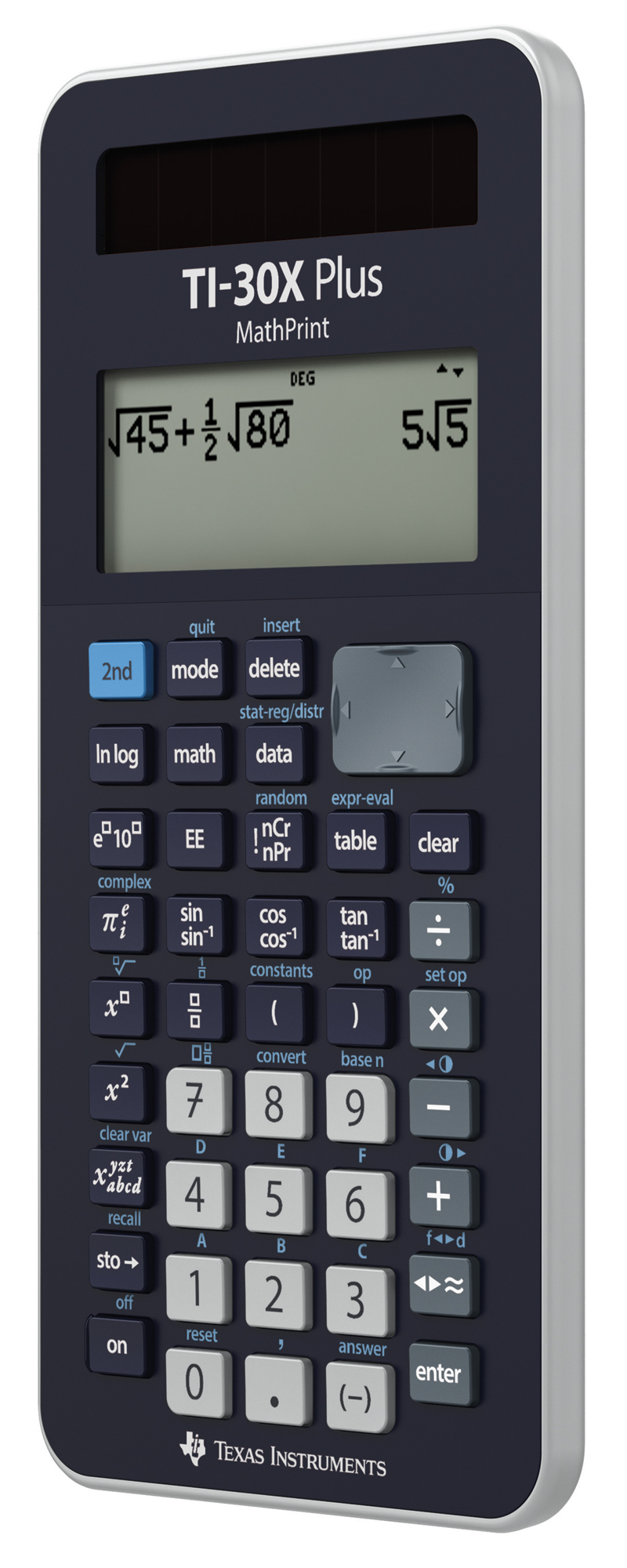 Ein TI-30X Plus MathPrint-Rechner zeigt eine mathematische Aufgabe an. Er ist marineblau und silber.