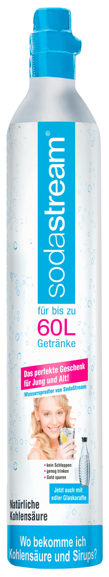 SodaStream CO2-Zylinder mit Text und einer Frau. Der Zylinder ist hoch, der Hintergrund weiß.