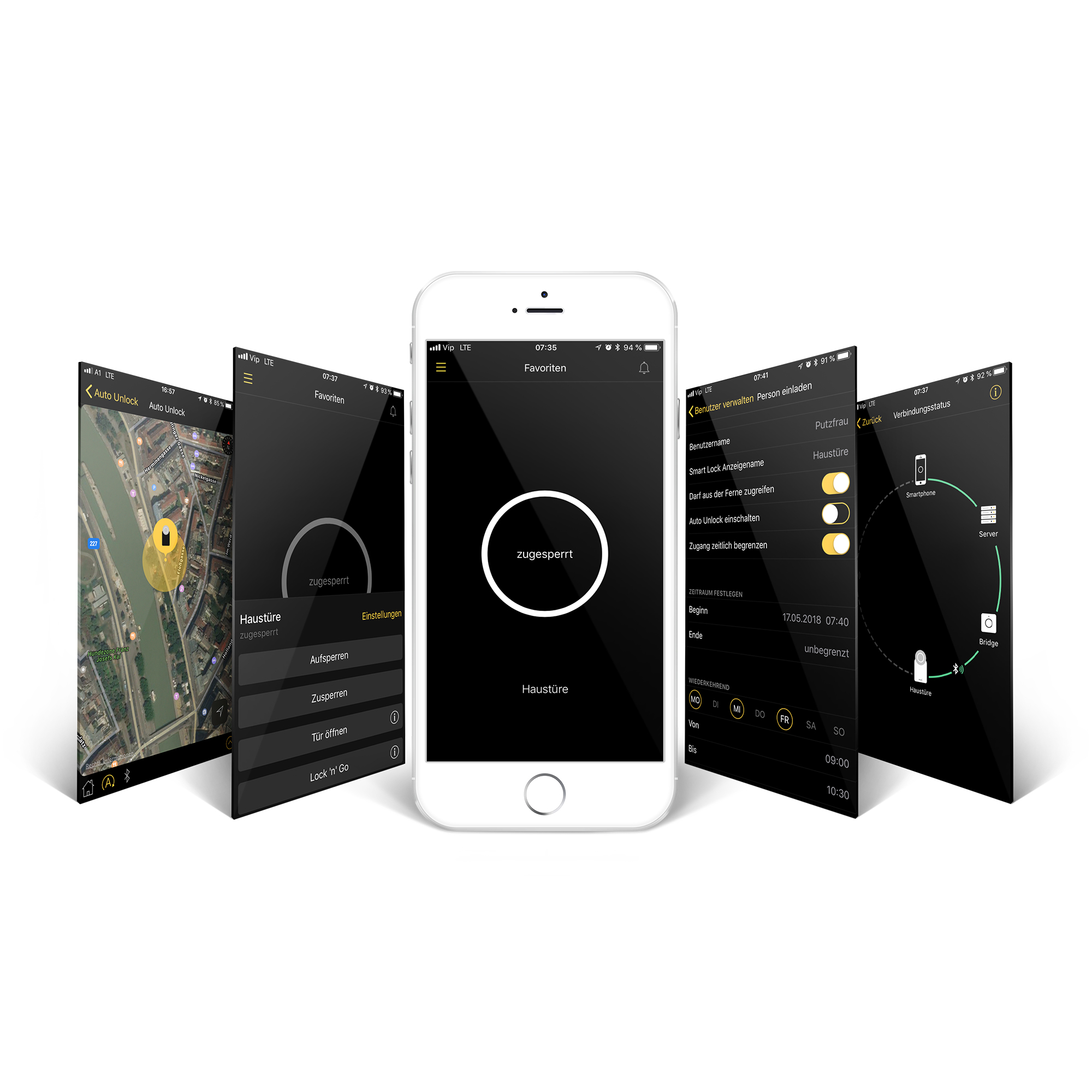Smartphone, das mehrere App-Bildschirme mit Smart Lock-Funktionen zeigt.