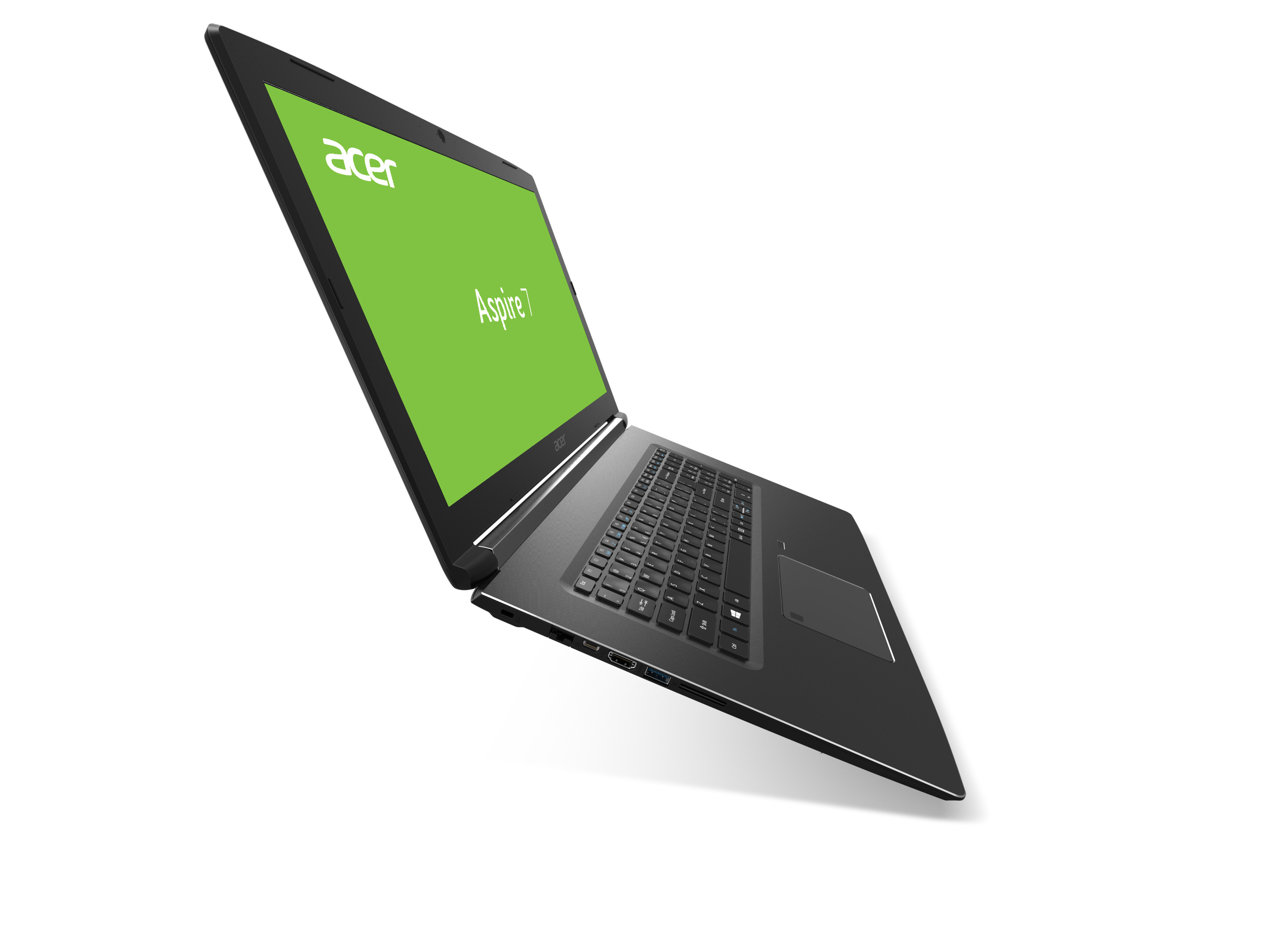 Schwarzer Laptop mit grünem Bildschirm. Der Bildschirm zeigt den Text Acer Aspire 7. Der Laptop befindet sich auf weißem Hintergrund.