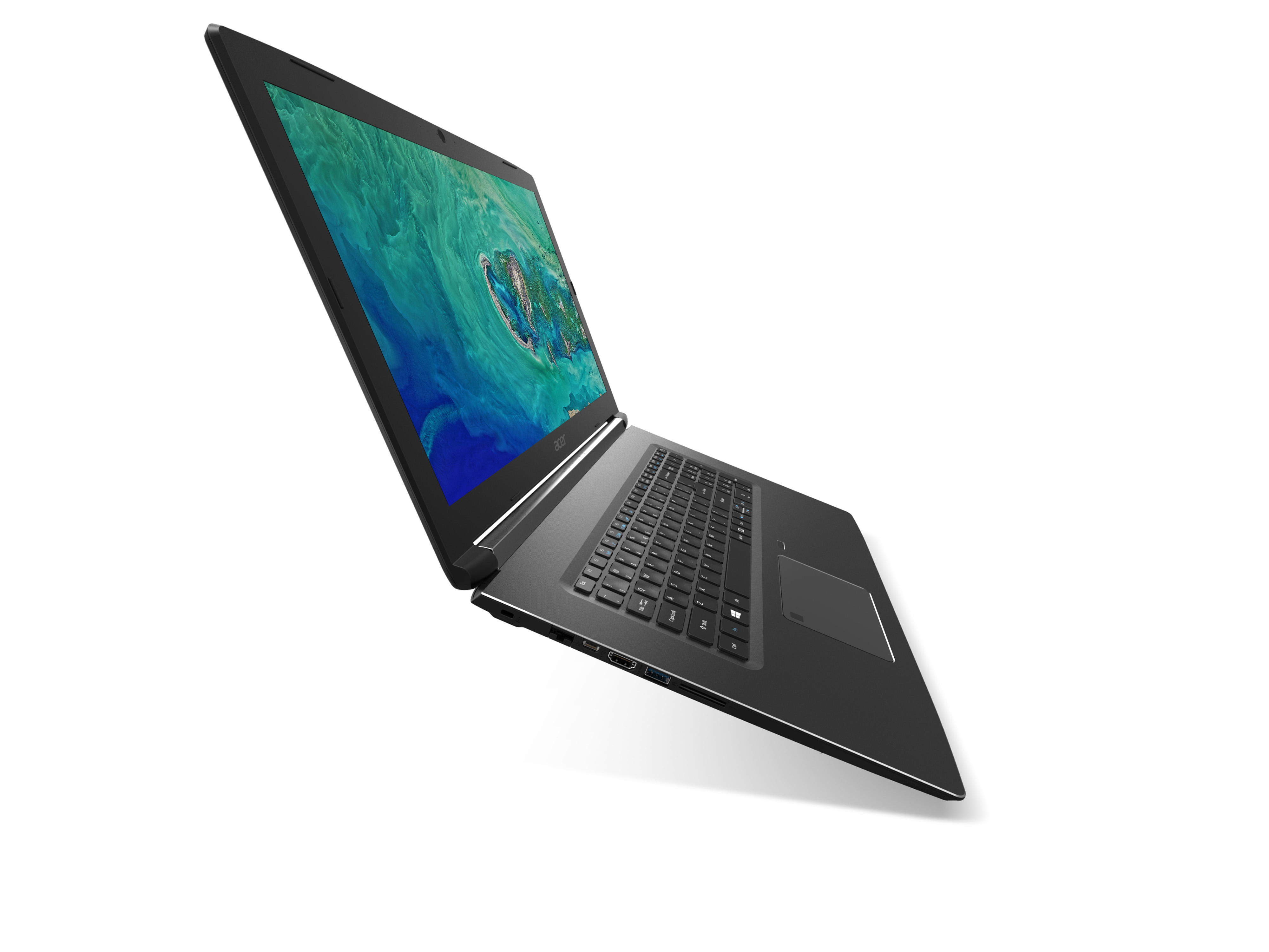 Schwarzes Acer-Laptop, abgewinkelt geöffnet auf weißem Hintergrund. Der Bildschirm zeigt einen Desktop. Tastatur und Touchpad sind sichtbar.