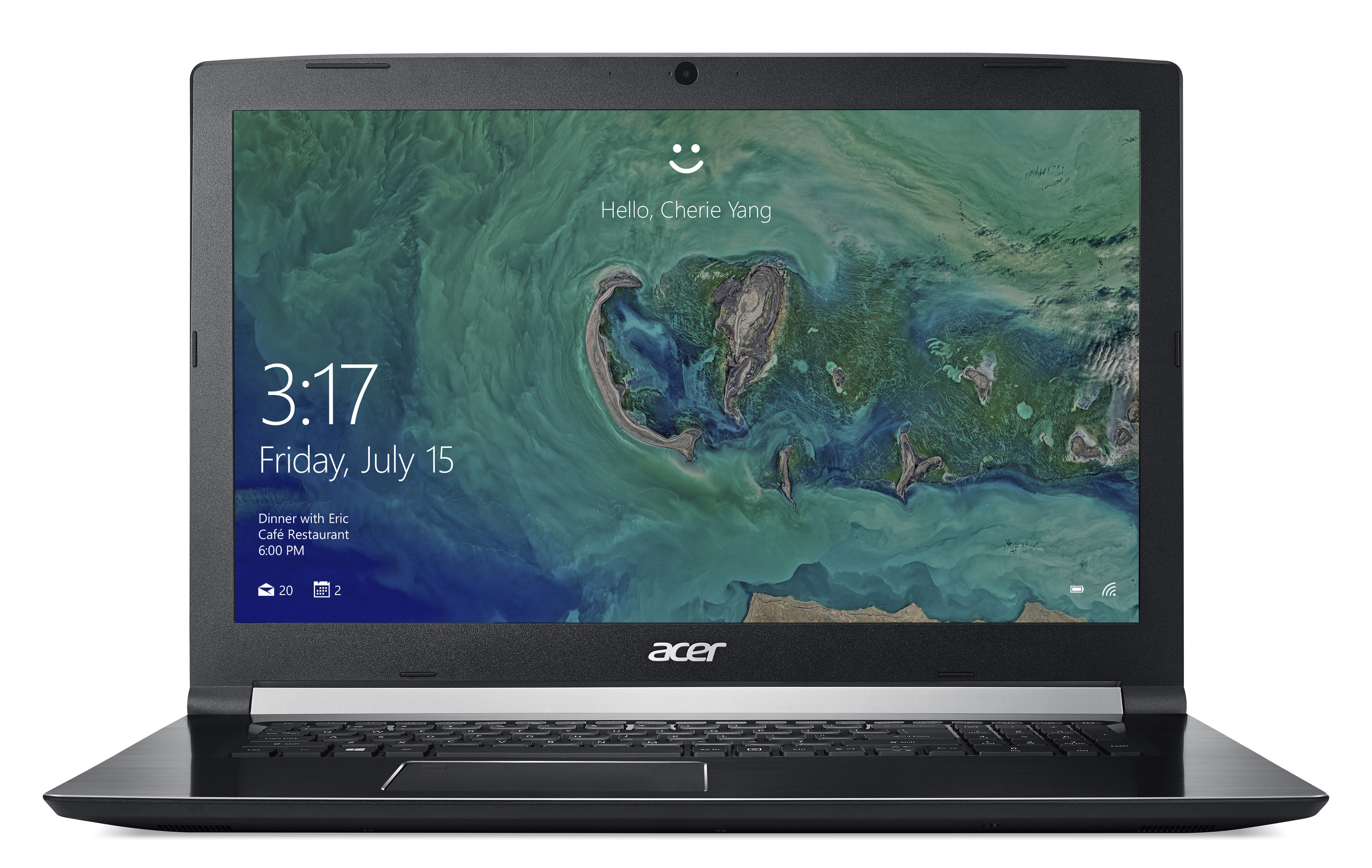 Geöffneter Acer-Laptop, Bildschirm mit Landschaftsbild und Uhrzeit/Datum. Silbernes und schwarzes Design.