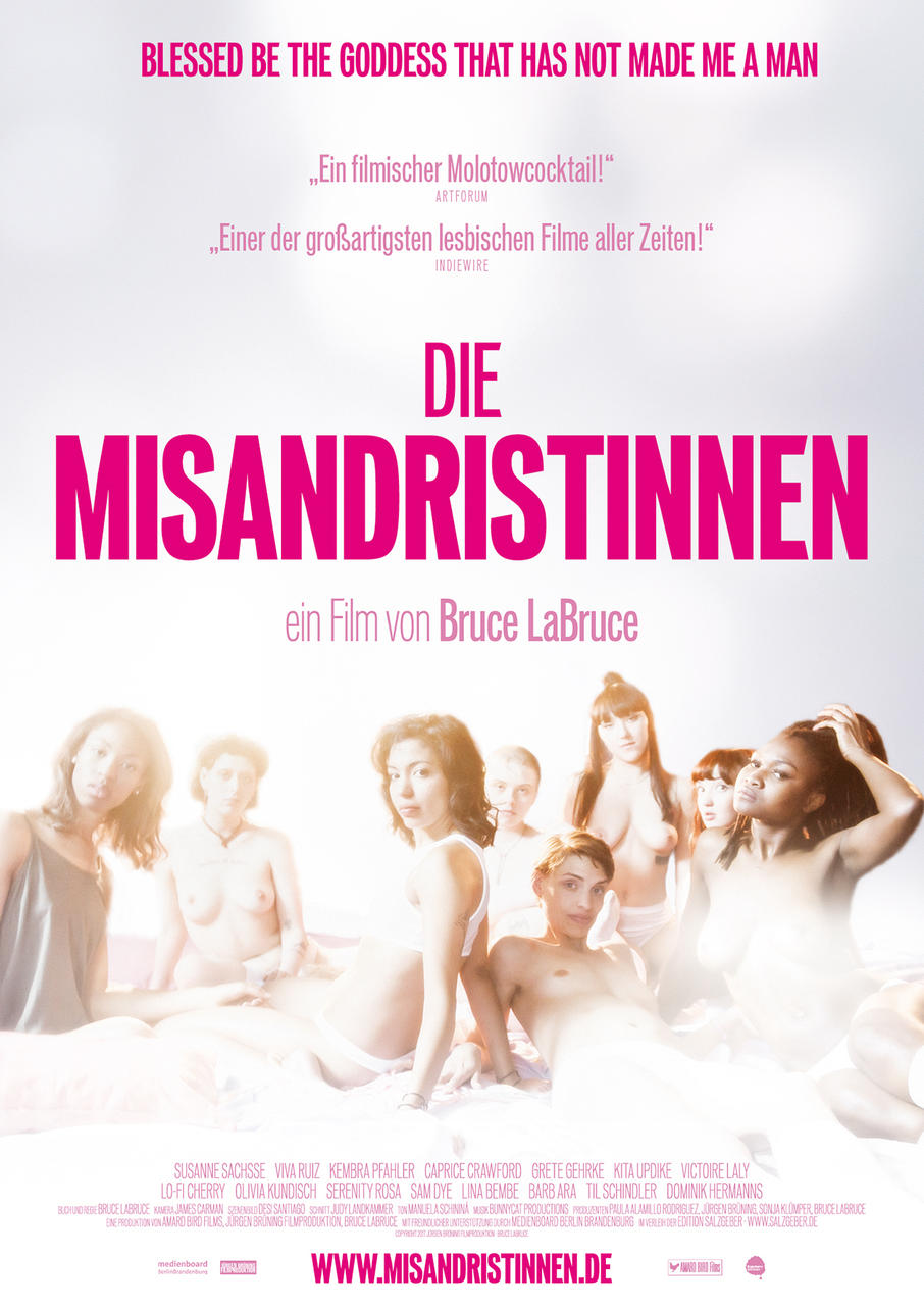 Filmposter mit mehreren nackten Frauen, Text in Pink und deutschem Text.