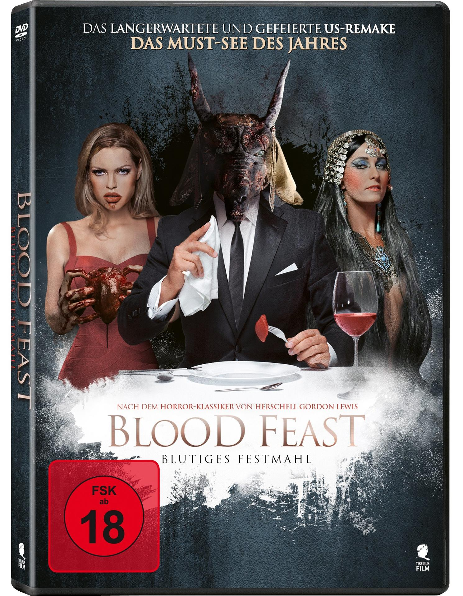 DVD-Cover: Frau, Teufel mit Hörnern, Mann im Anzug, Herz. Text: Blood Feast.