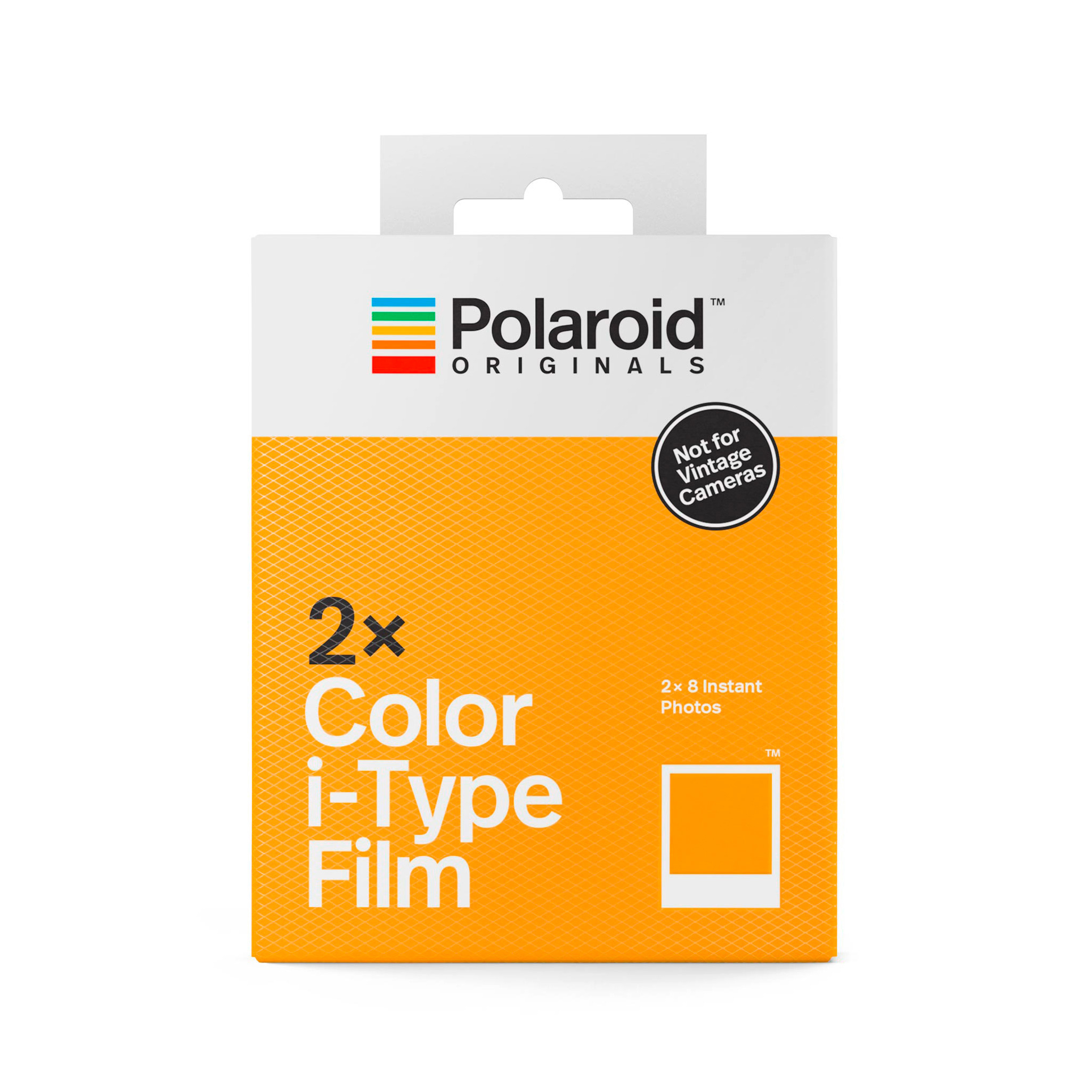 Eine Packung Polaroid i-Type Film. Orange und weiß mit Polaroid-Logo und Text.