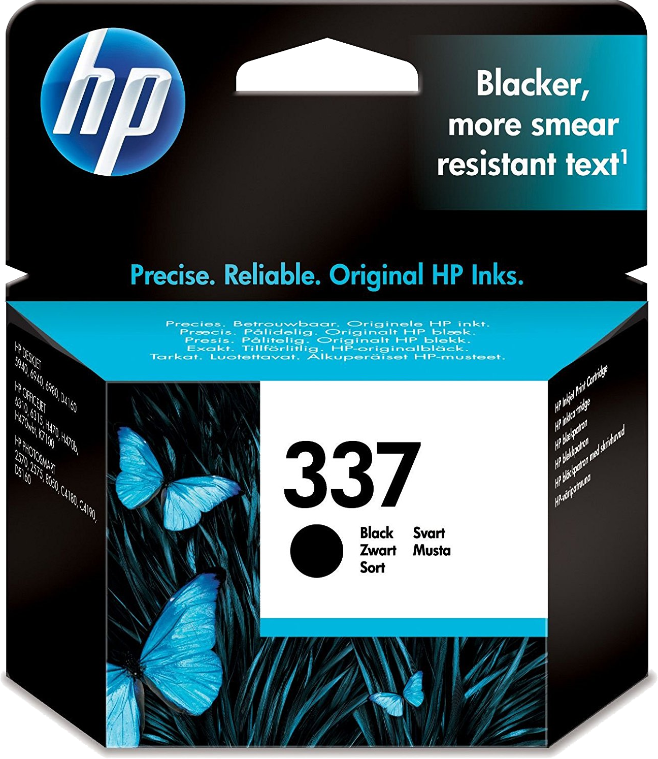 HP tintapatron csomag, kék pillangókkal és 'Blacker, more smear resistant text' szöveggel.
