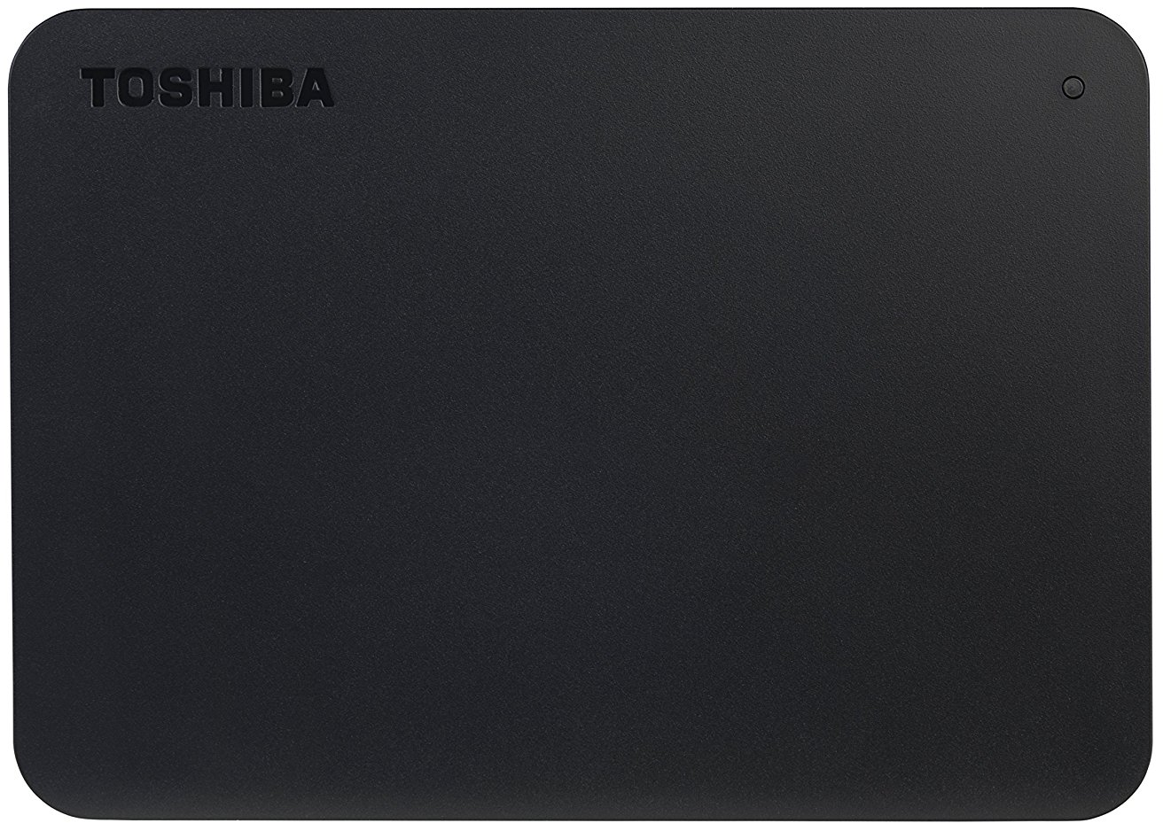 Disque dur Toshiba noir avec le nom de la marque, design simple.