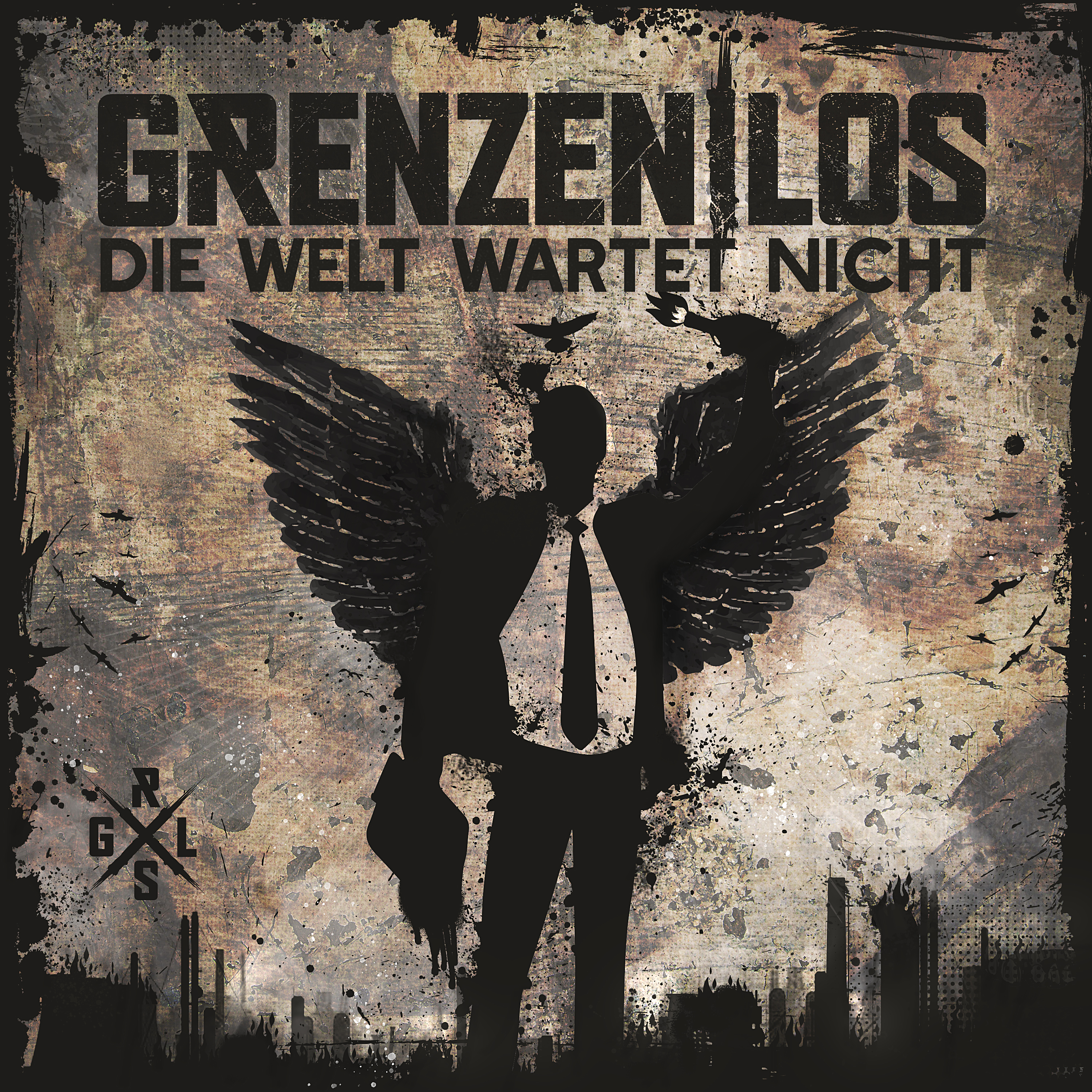 Albumcover mit einer Silhouette einer geflügelten Figur, Anzug und Skyline.