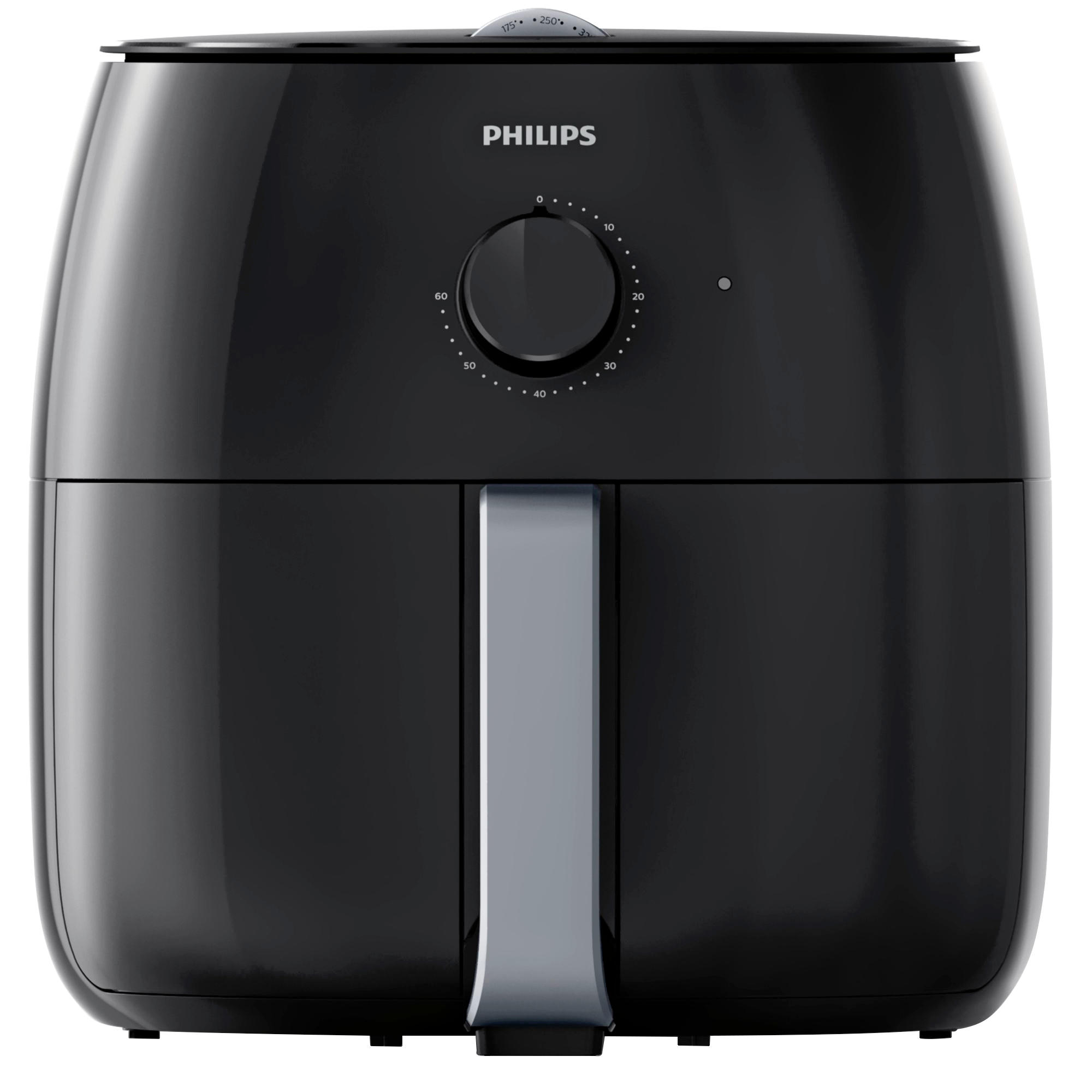 Ein schwarzer Philips Airfryer mit silbernem Griff und einem Drehregler von 0 bis 60.