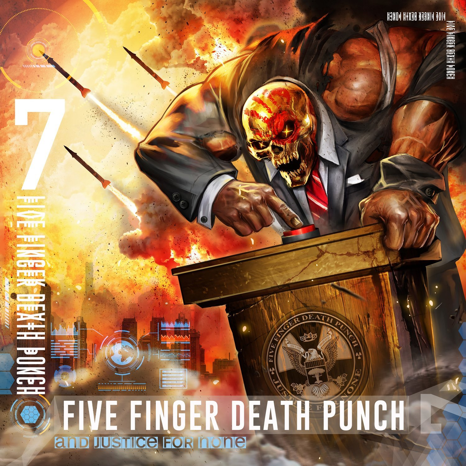Five Finger Death Punch album borító, egy figurával, aki gombot nyom, robbanásokkal és városképpel a háttérben.