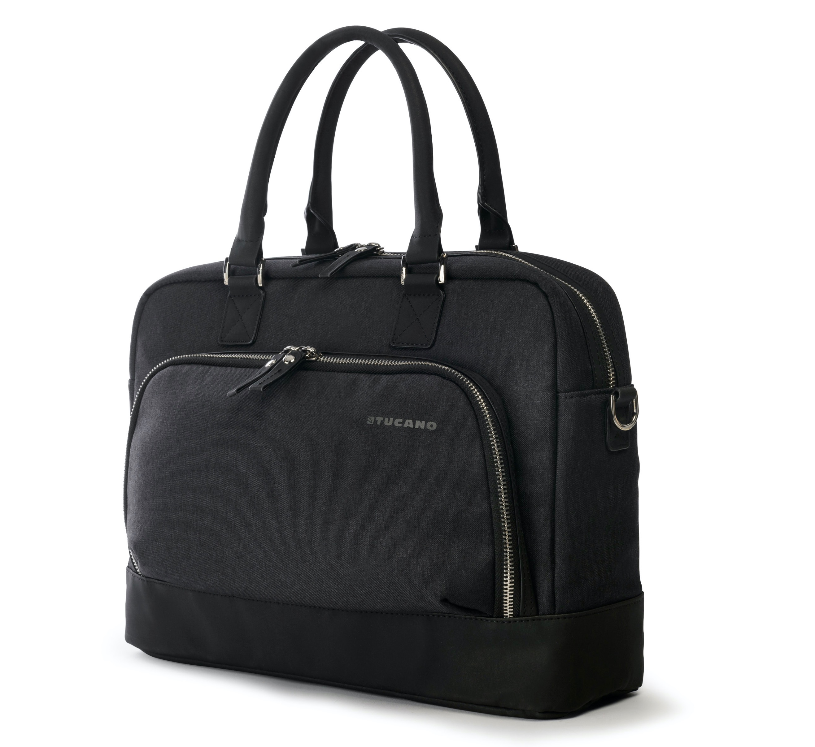 Schwarze Tucano Laptoptasche mit Griff und Reißverschluss, auf weißem Hintergrund.