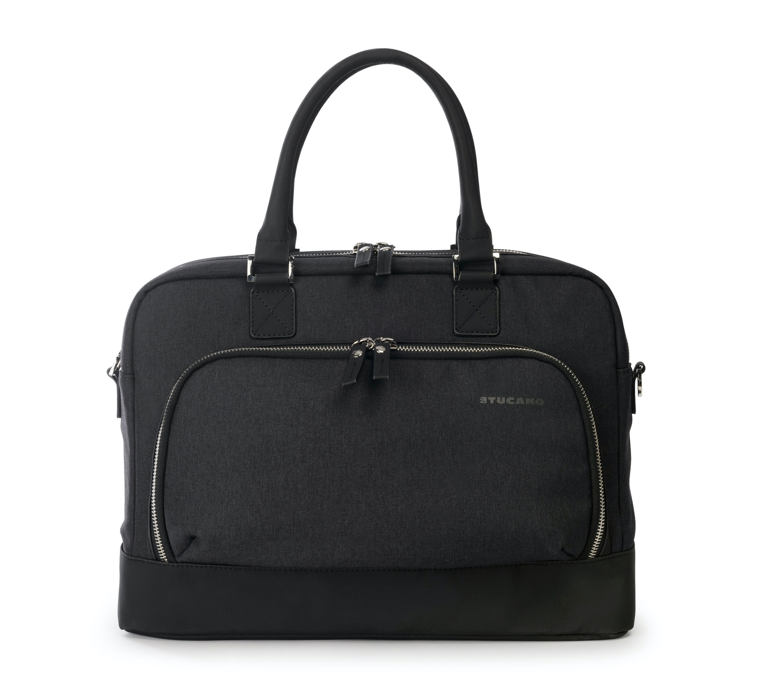 Eine schwarze, rechteckige Business-Tasche mit zwei Griffen, einer Vordertasche und einem Reißverschluss.