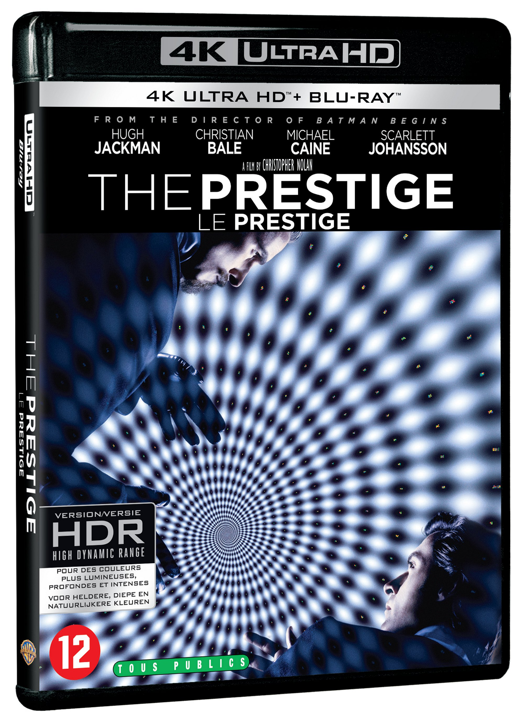 The Prestige Blu-ray-hoes, met gezichten van acteurs en een centraal wervelontwerp.