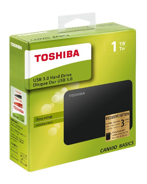 Caja de disco duro USB 3.0 Toshiba de 1 TB, verde y blanco con una imagen del disco negro.
