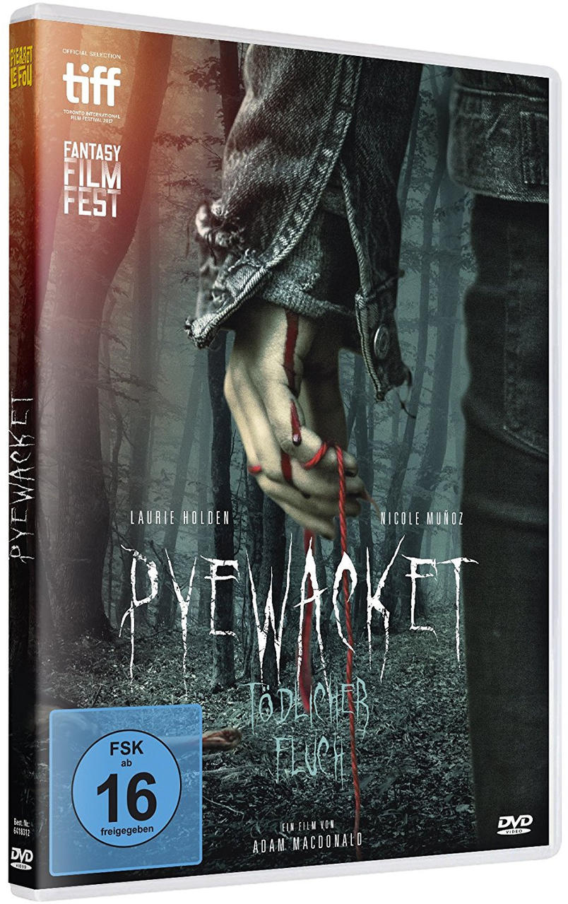 DVD-Cover für PyeWacket. Dunkler Waldhintergrund. Mann hält roten Faden.