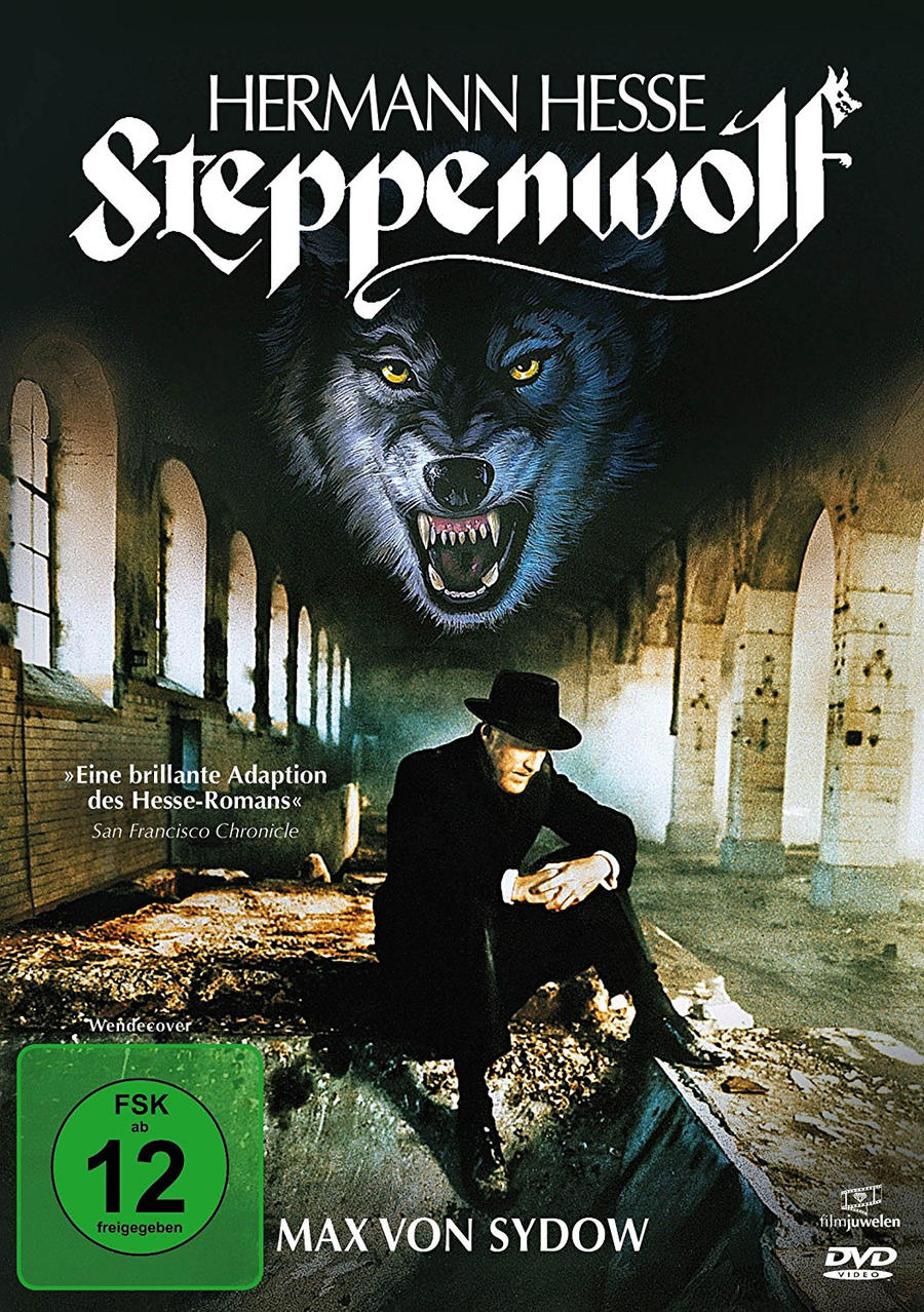 DVD-Cover: 'Steppenwolf'. Bild eines Mannes mit Hut und Wolf, dunkle Umgebung, Text.