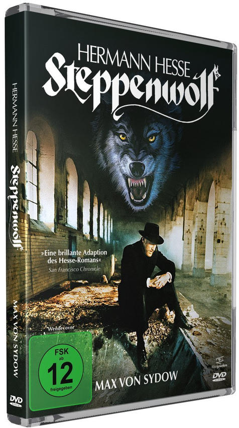 DVD-Hülle mit einem Mann im Anzug und einem Wolf auf dem Cover. Der Titel lautet 'Steppenwolf'.