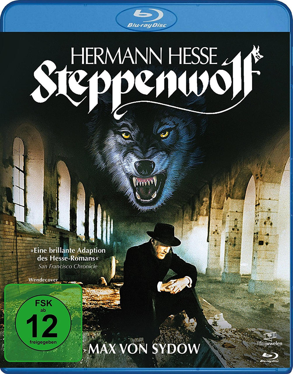 Filmcover von 'Steppenwolf', mit einem Wolfsbild und einem Mann im Mantel.