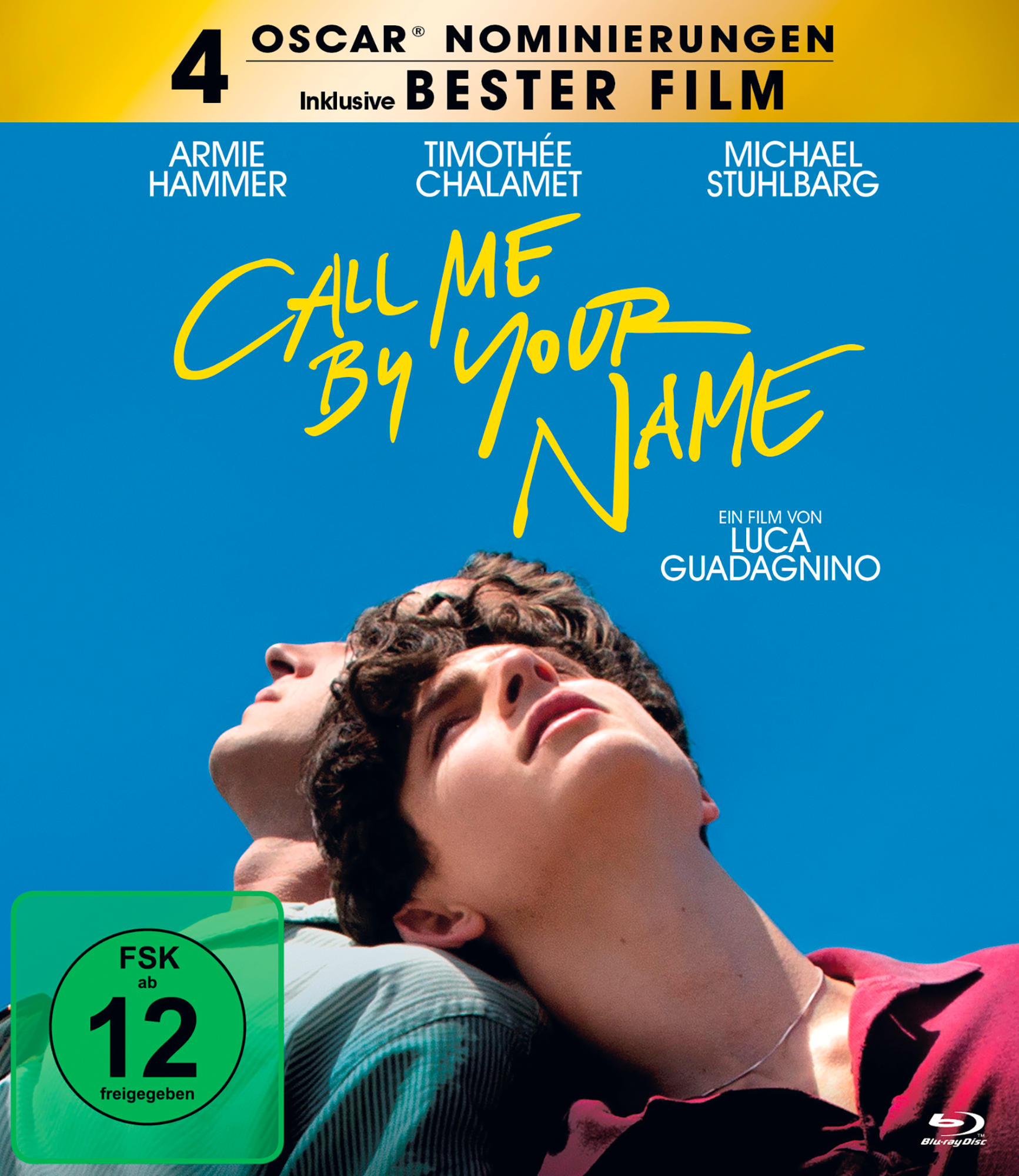 DVD-Cover für 'Call Me by Your Name' mit zwei Männern, blauem Hintergrund, Titel und Text.