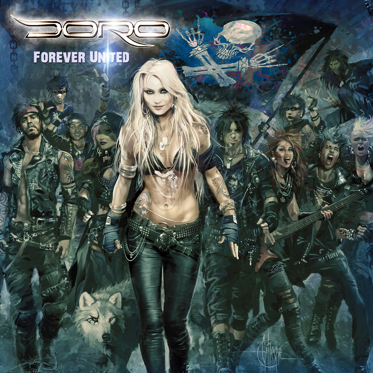 Albumcover von Doros 'Forever United' mit einer Gruppe von Leuten und der Sängerin.
