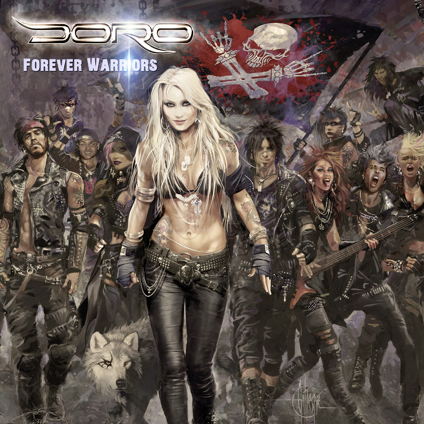 Eine Band von Metal-Musikern mit einer Frau in der Mitte. Die Band heißt 'DORO Forever Warriors'.