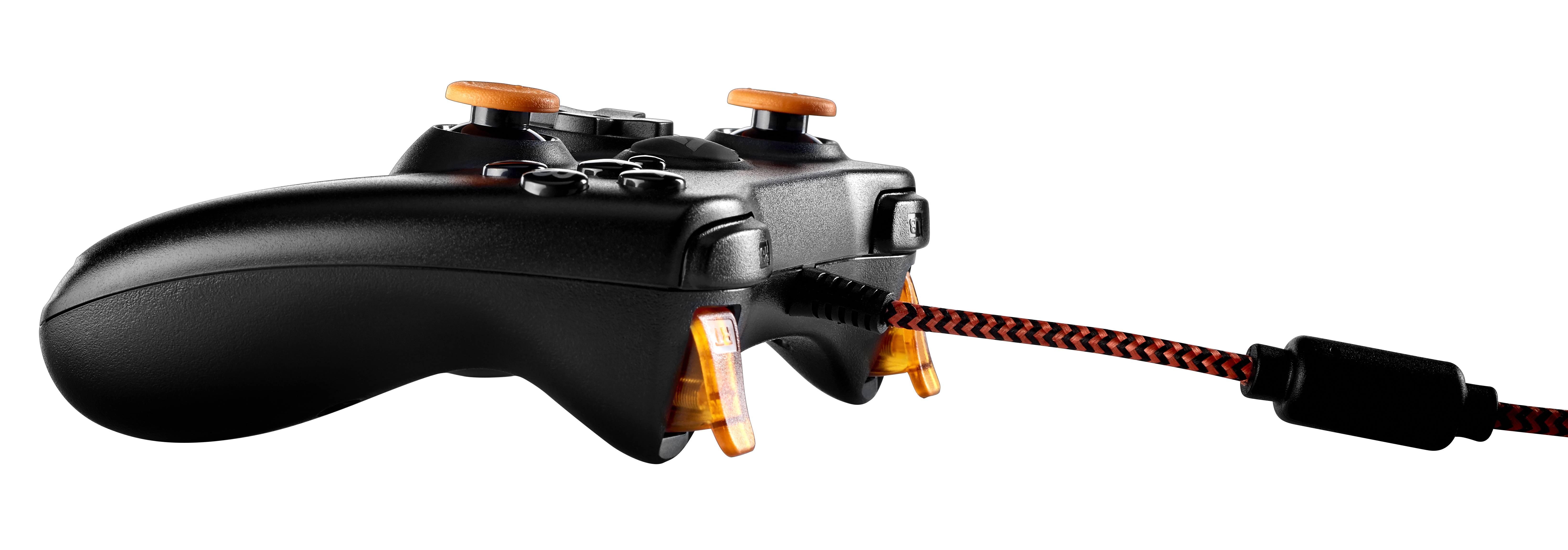 Schwarzer Gamecontroller mit orangefarbenen Akzenten. Kabelgebunden, mit orangefarbenem Kabel.