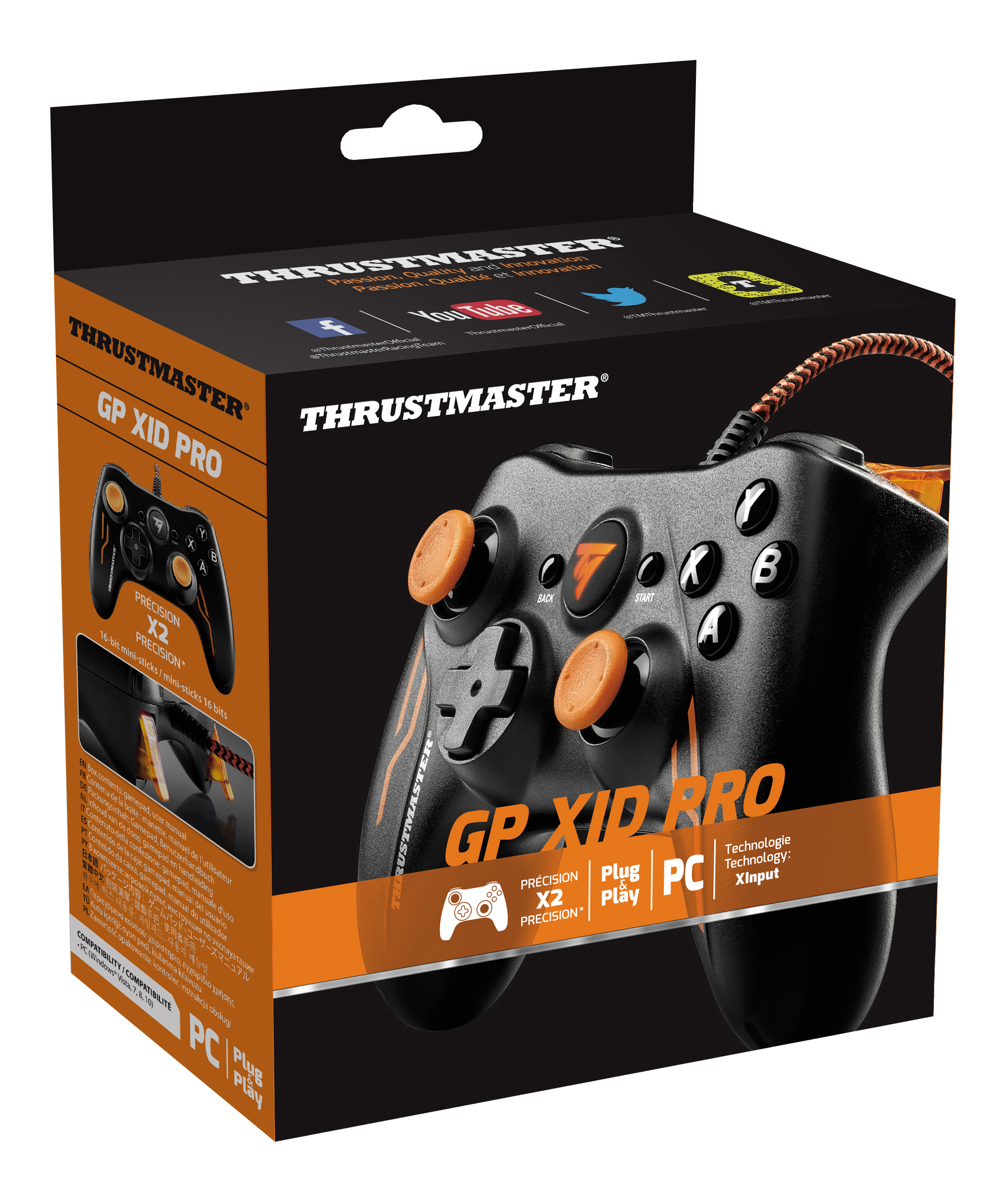 Schwarzer und orangefarbener Gamecontroller in einer Box.