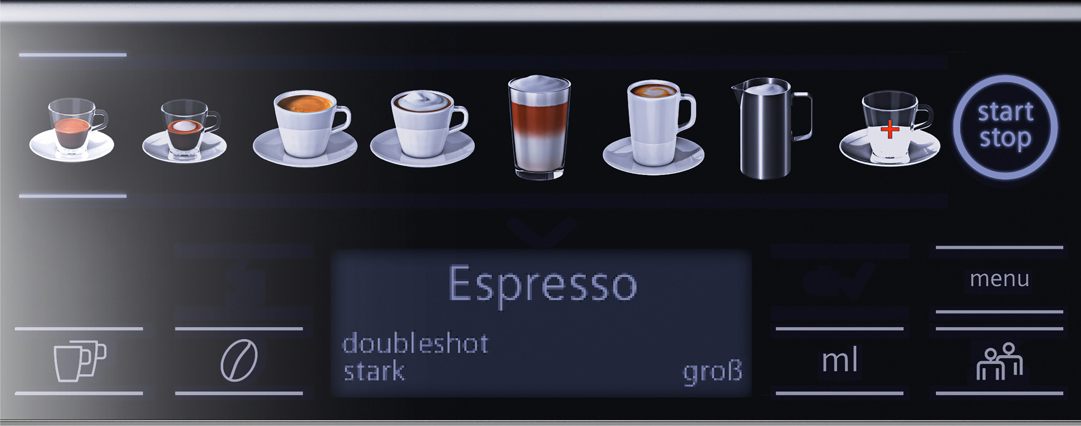 Ein schwarzes Kaffeemaschinendisplay mit verschiedenen Kaffeeoptionen und Einstellungen.