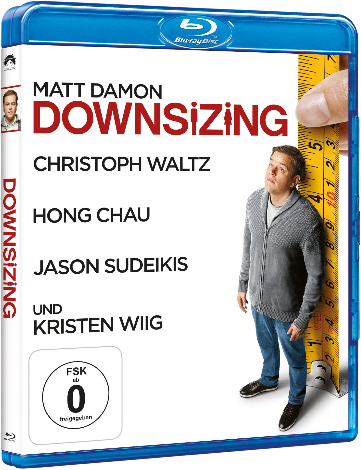 Filmcover von 'Downsizing' mit Matt Damon und Text, mit einem Maßband.