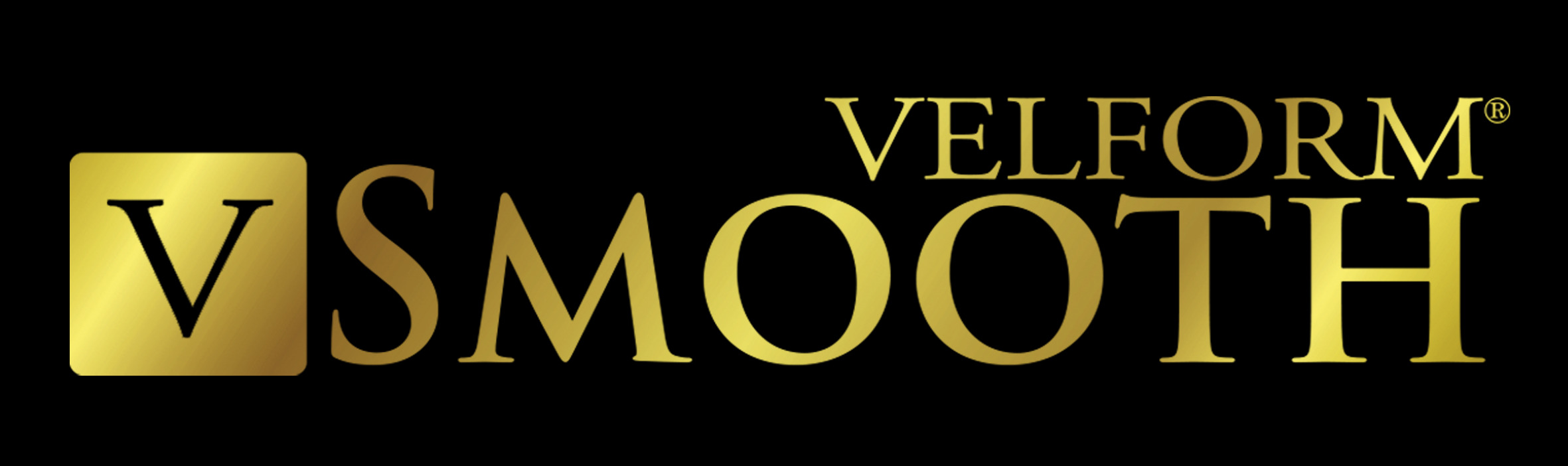 Goldenes Textlogo auf schwarzem Hintergrund: V Smooth, mit goldenem Quadrat und V.