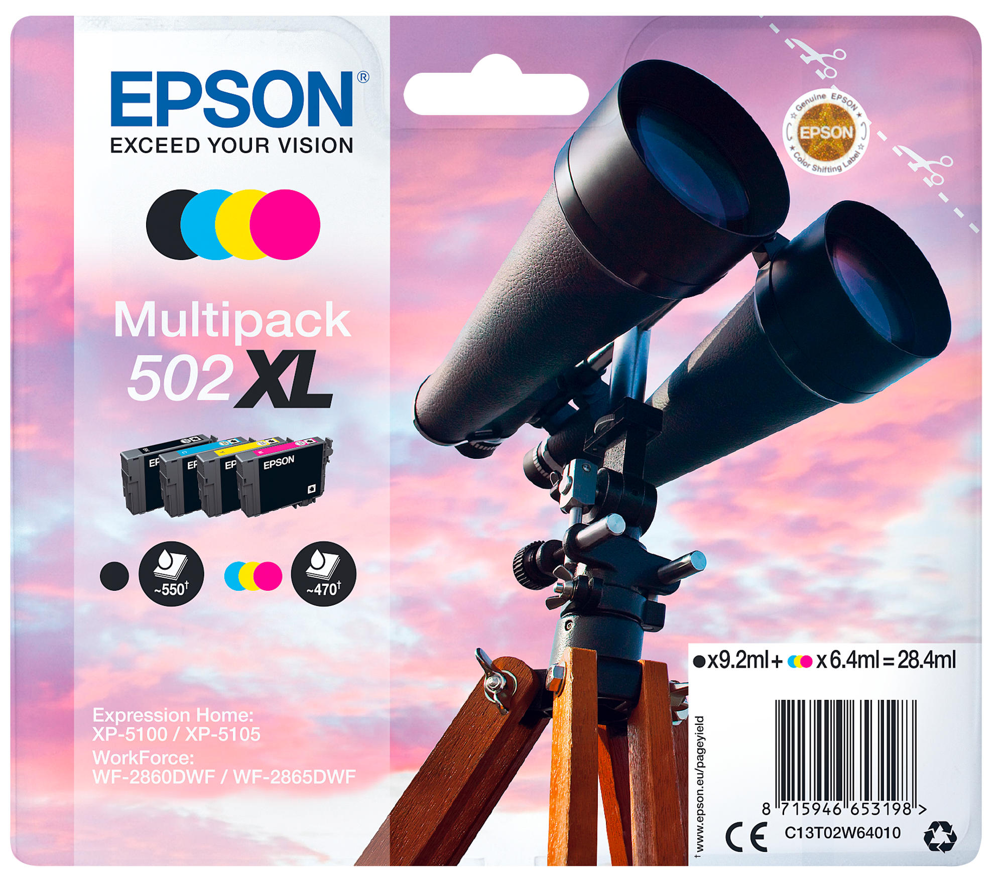 Un multipack de cartouches d'encre Epson avec des cartouches d'encre et une paire de jumelles.